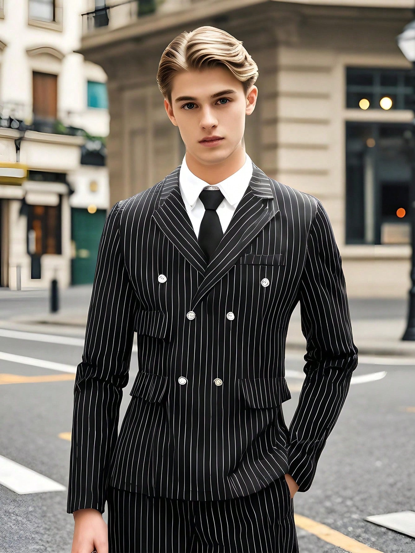2pcs/Set Teen Boy Gentlemen Style Striped Formal Double Breasted Suit Jacket + Long Dress Pants