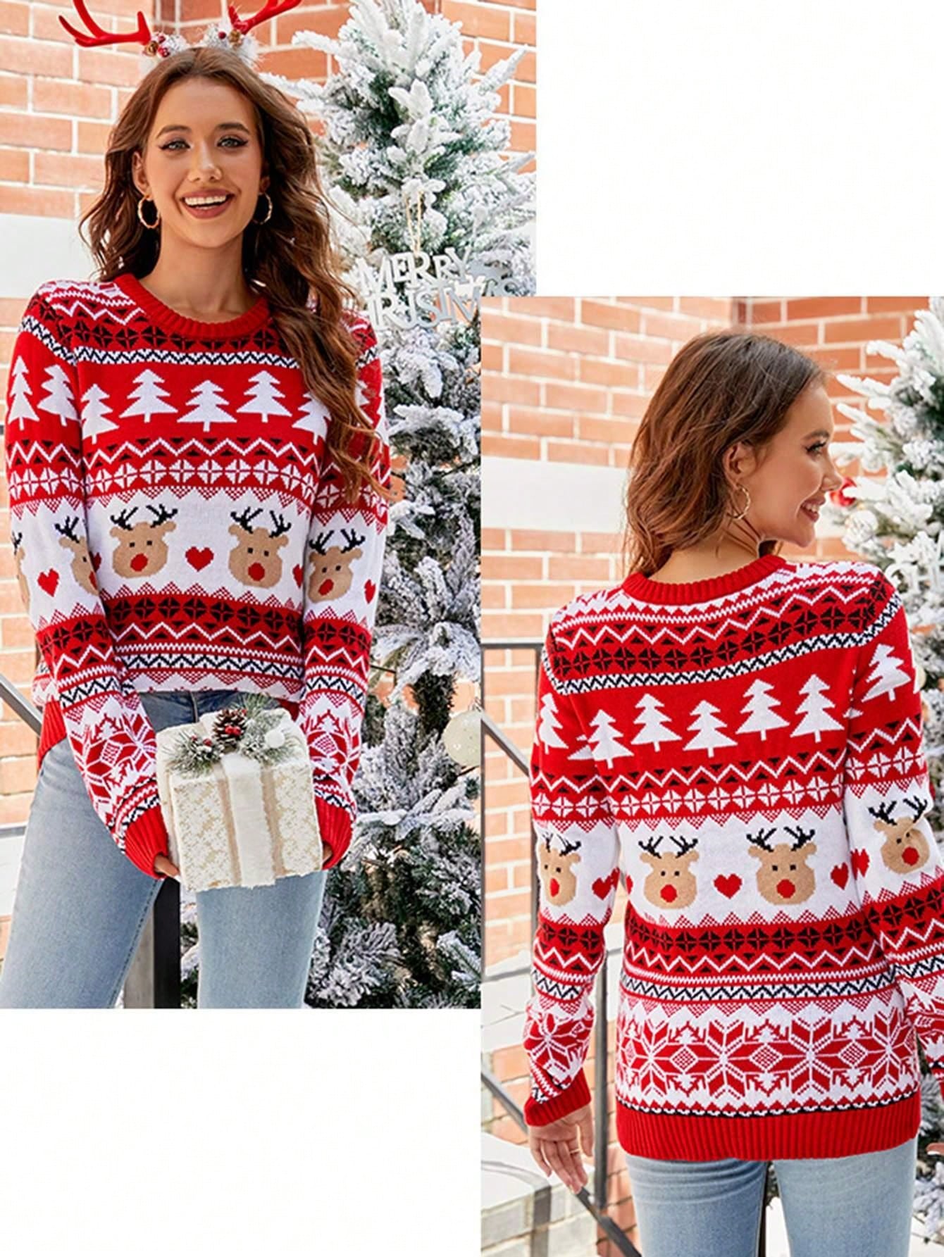 Ugly Christmas Sweater Funny Christmas Long Sleeve Knit Pullover Cute Santa Reindeer Sweater  Ugly Christmas Sweater Women