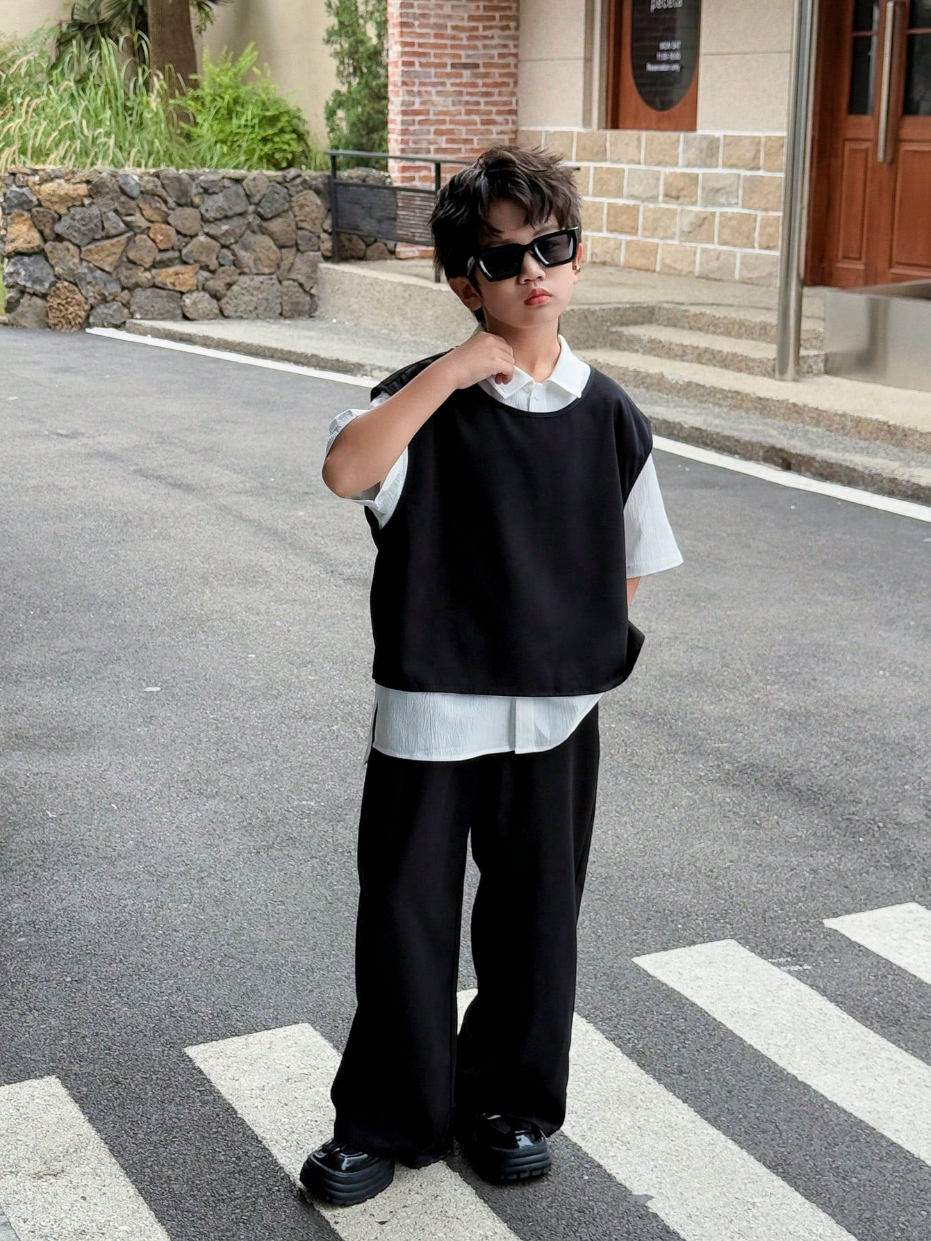 Buy 1 Get 2 Free 3pcs Set: Tween Boy Korean Style Casual Vest, Shirt, Wide Leg Pants Set