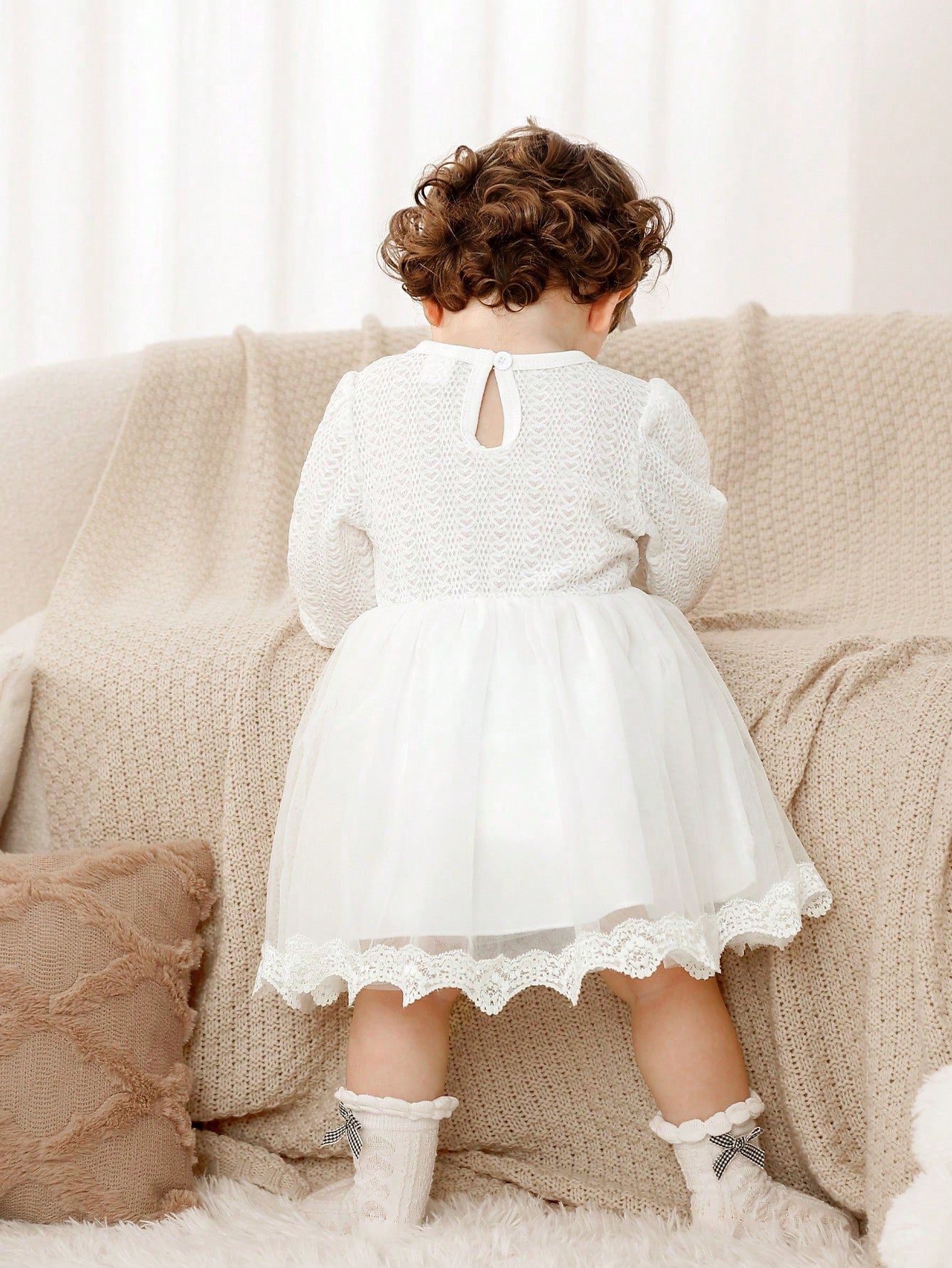 Newborn Baby Girls Solid Color Long Sleeve Dress With Bow Waist Decor