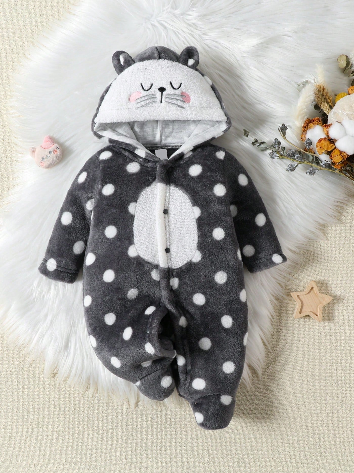 Newborn Baby Long Sleeve Polka Dot Animal Face Embroidery 3D Ear One-Piece Jumpsuit
