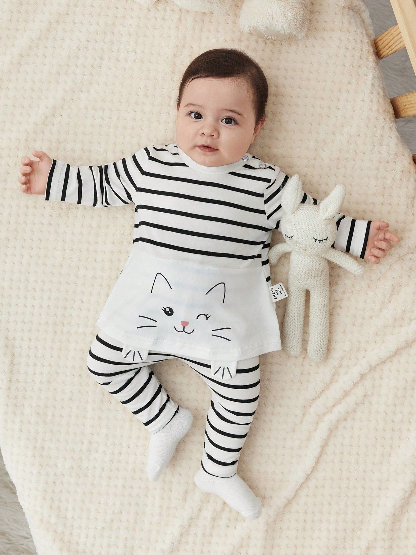 Newborn Baby Girl Cute Knitted Striped Cartoon Print Long Sleeve Top And Elastic Waist Long Pants