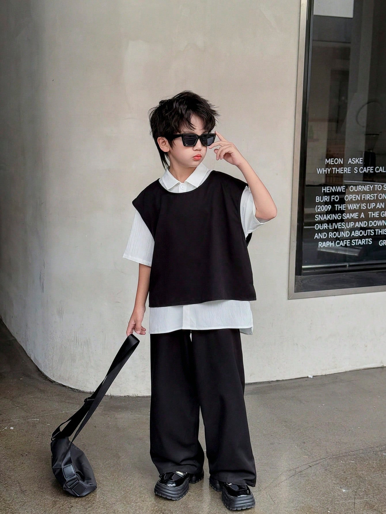 Buy 1 Get 2 Free 3pcs Set: Tween Boy Korean Style Casual Vest, Shirt, Wide Leg Pants Set
