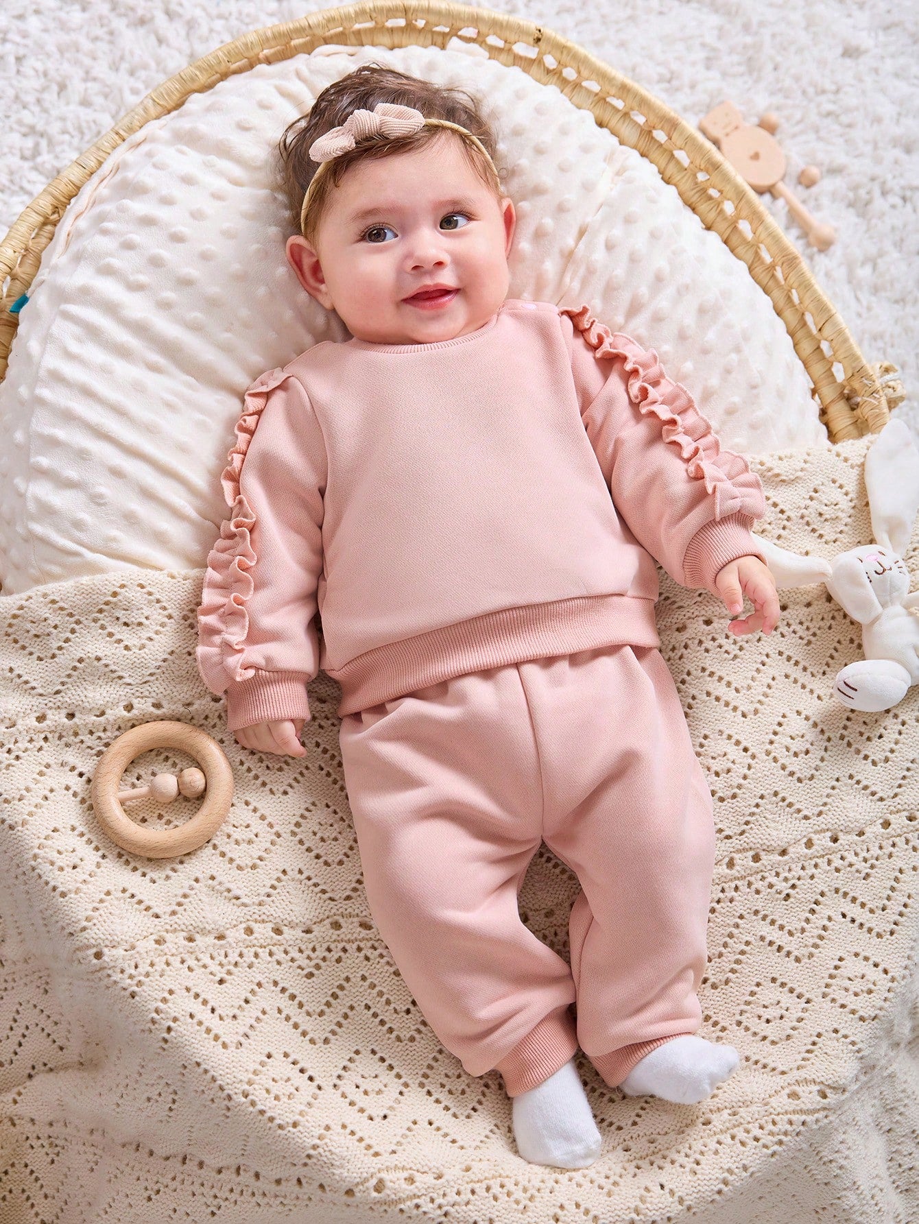 Newborn Baby Girl Cute Solid Color Ruffle Edge Long Sleeve Sweatshirt & Pants 2pcs Set,
