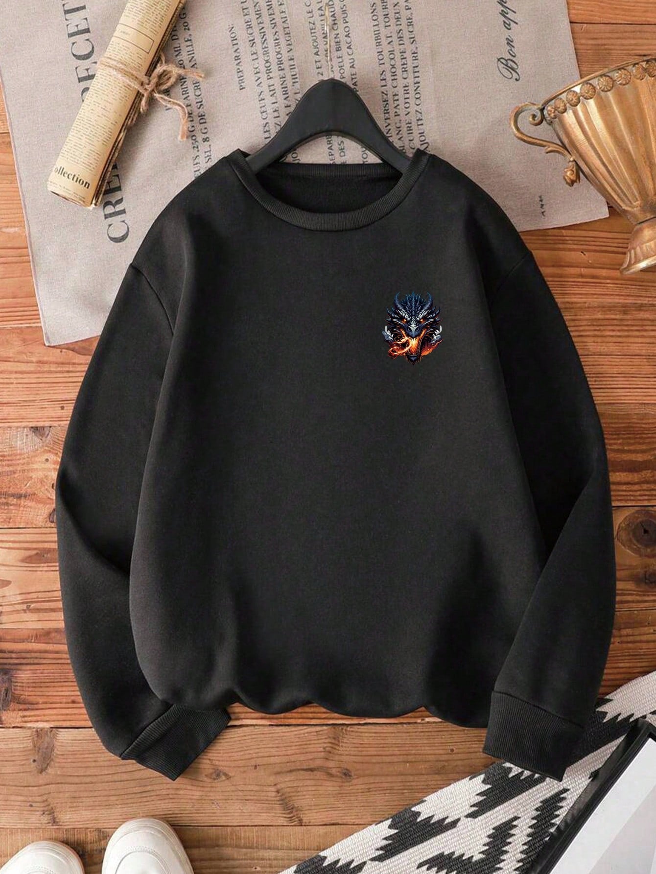 Tween Boy Fashion Casual Dragon Head Graphic Print Round Neck Pullover Sweatshirt
