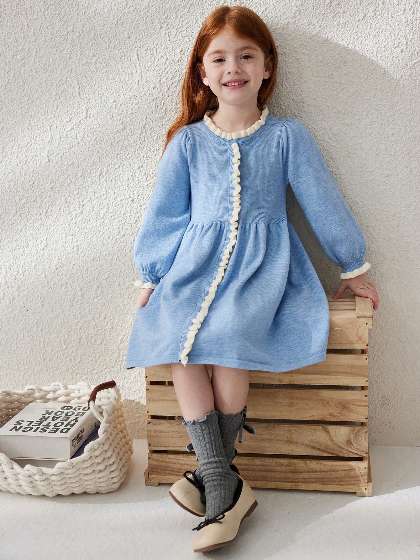 Young Girl Ruffle Trim Crew Neck Long Sleeve Loose Cute Sweater Dress
