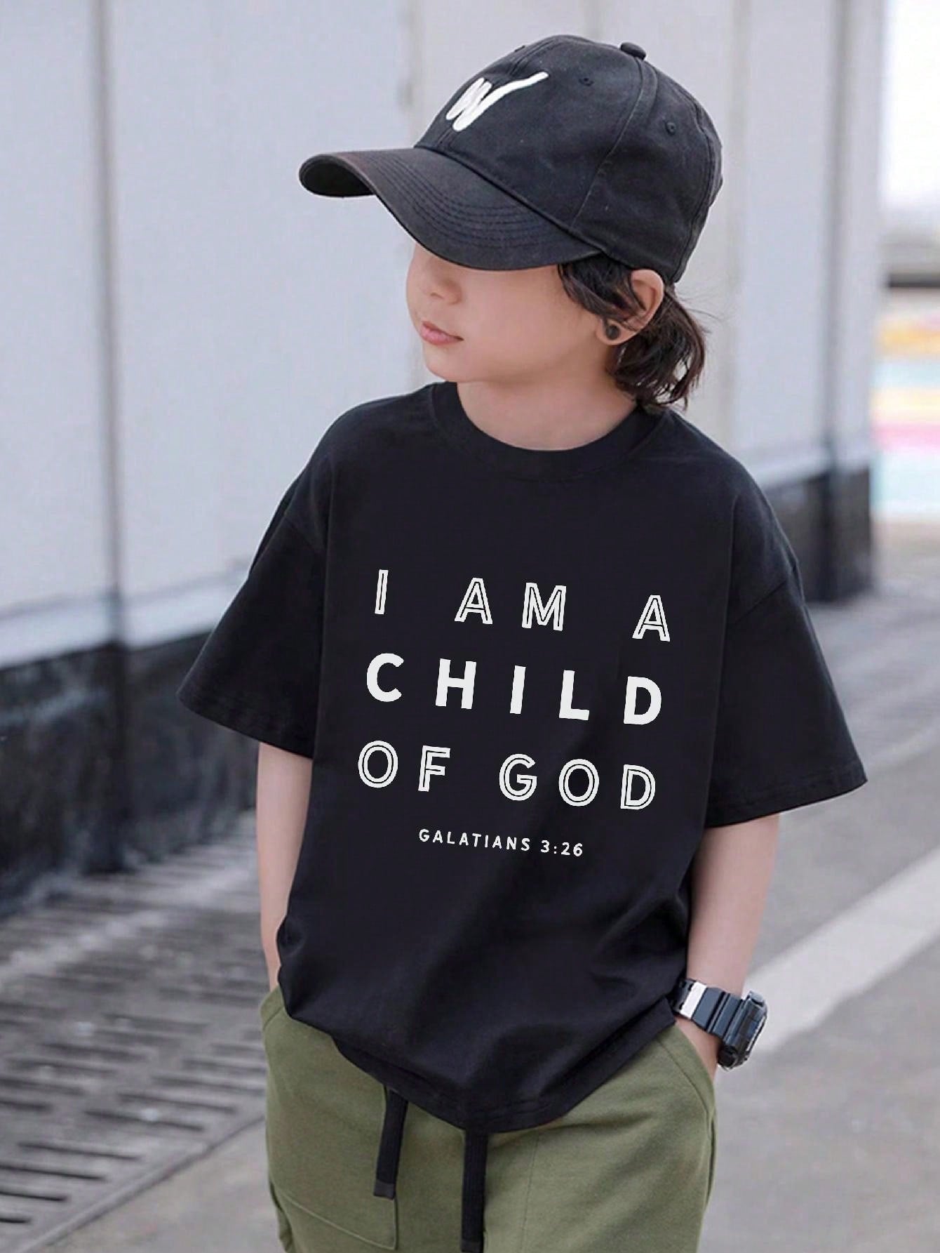 Tween Boy New Arrival Summer Casual Slogan Letter Black Crew Neck Short Sleeve T-Shirt