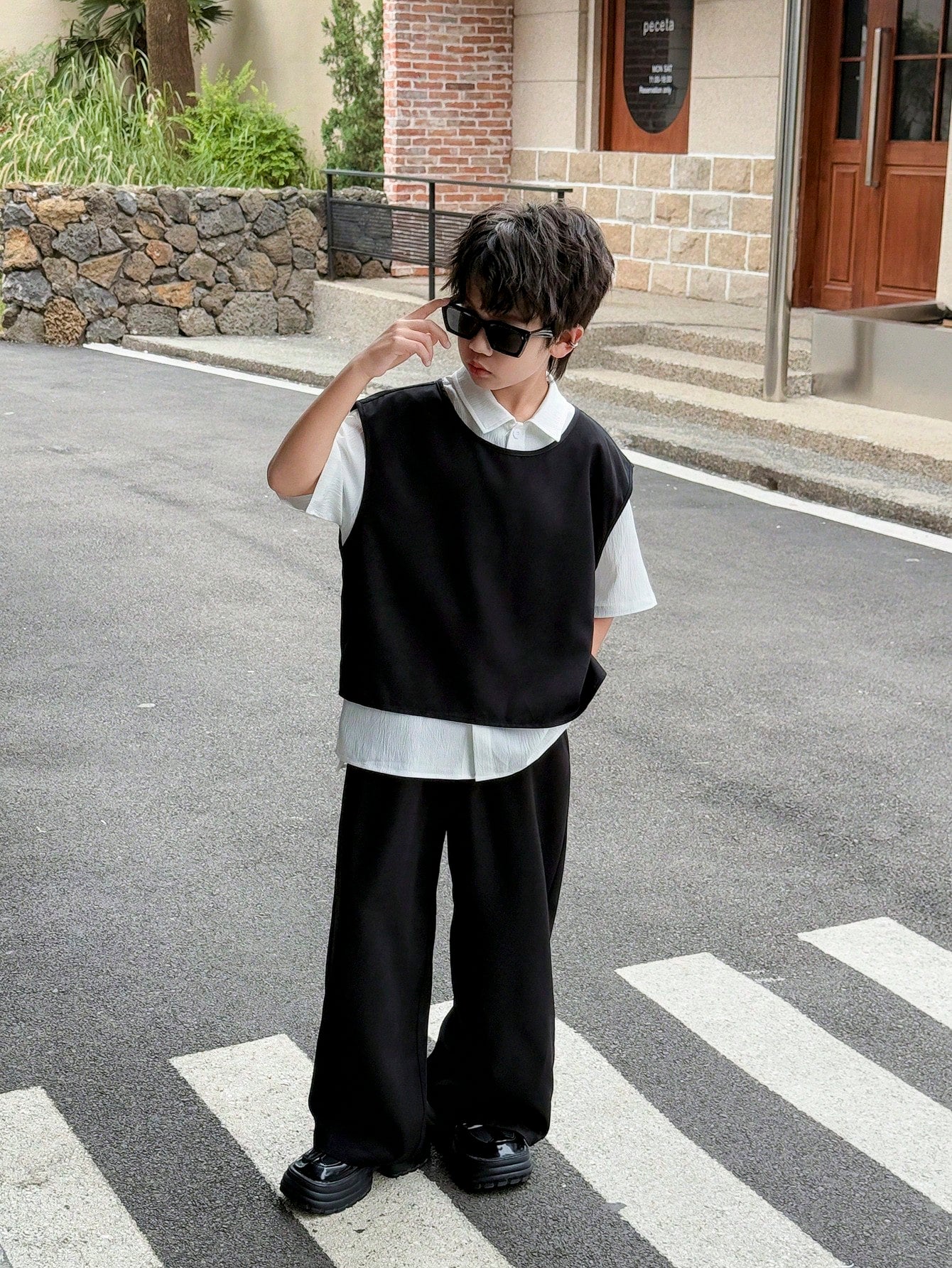 Buy 1 Get 2 Free 3pcs Set: Tween Boy Korean Style Casual Vest, Shirt, Wide Leg Pants Set