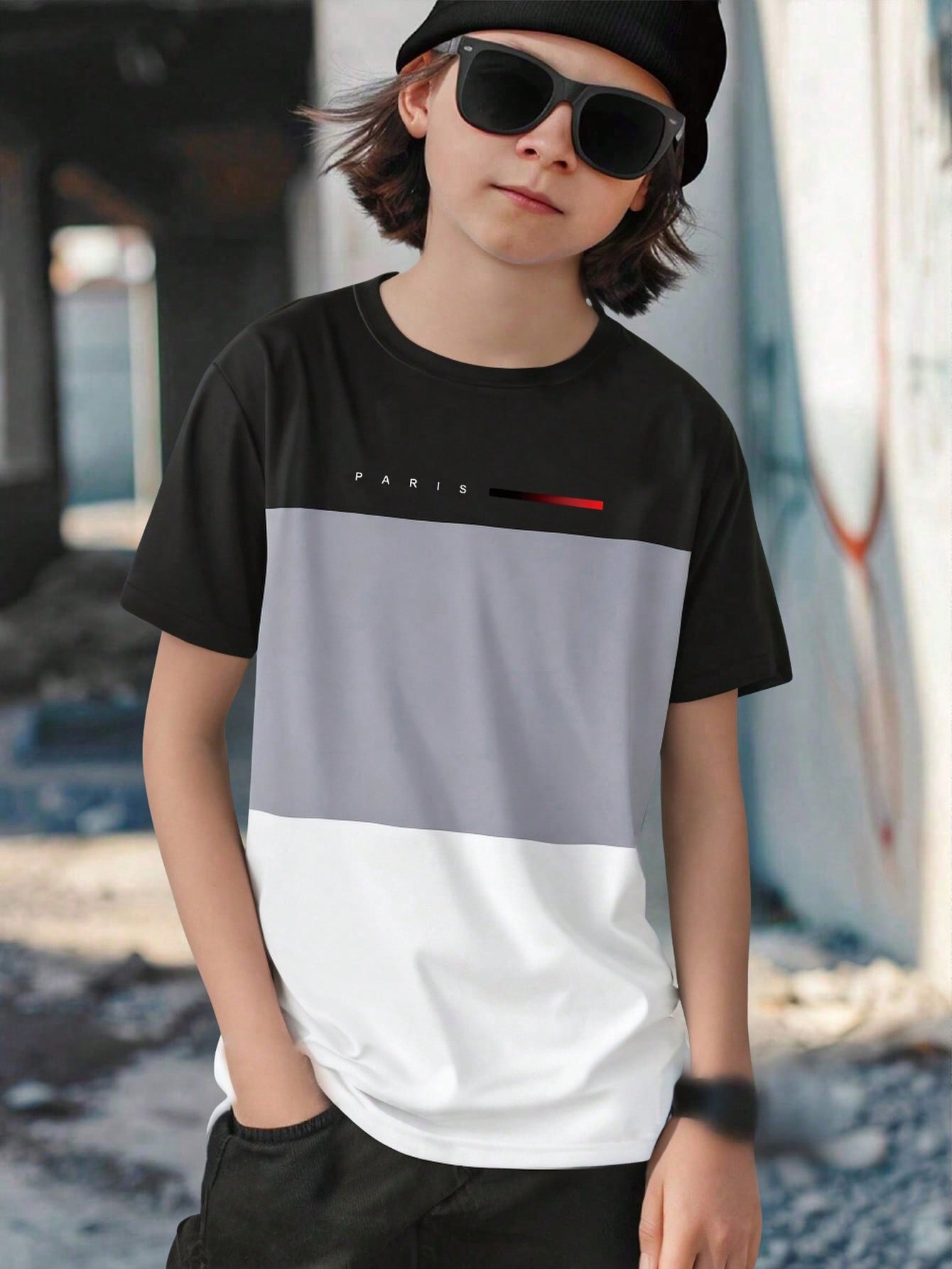 Tween Boy Casual Fashion Creative Splicing Logo Graphic Print Short Sleeve T-Shirt