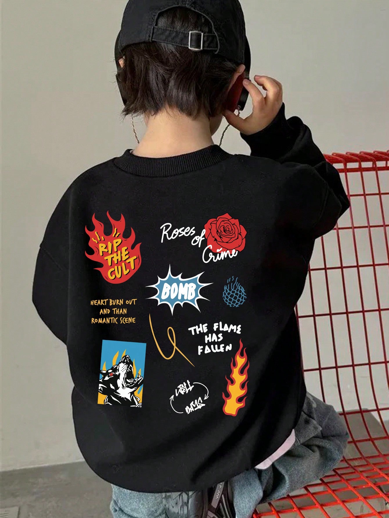 Boys Casual Sports Flame Graffiti Cartoon Doberman Dog Head & Letter Round Neck Pullover Hoodie