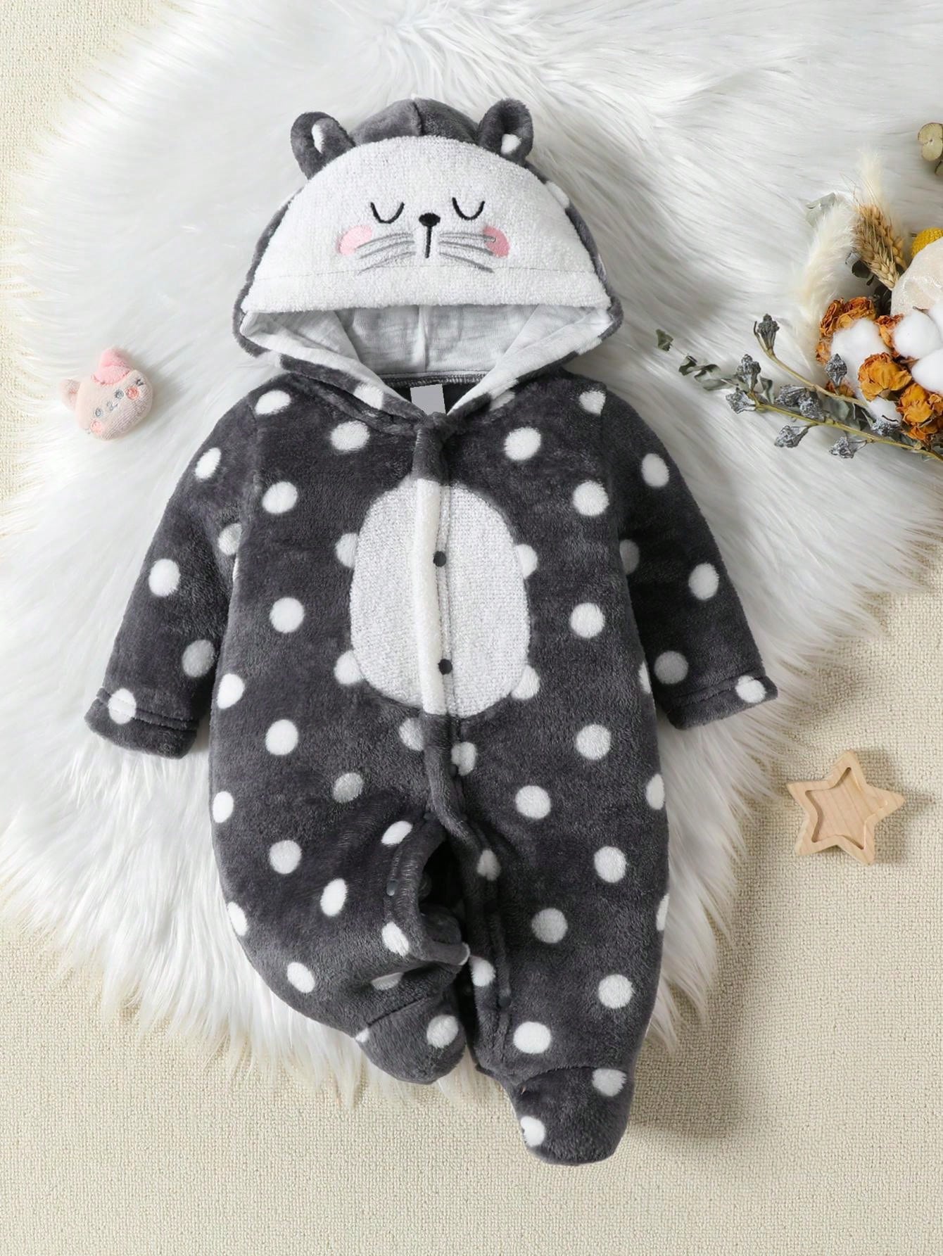 Newborn Baby Long Sleeve Polka Dot Animal Face Embroidery 3D Ear One-Piece Jumpsuit