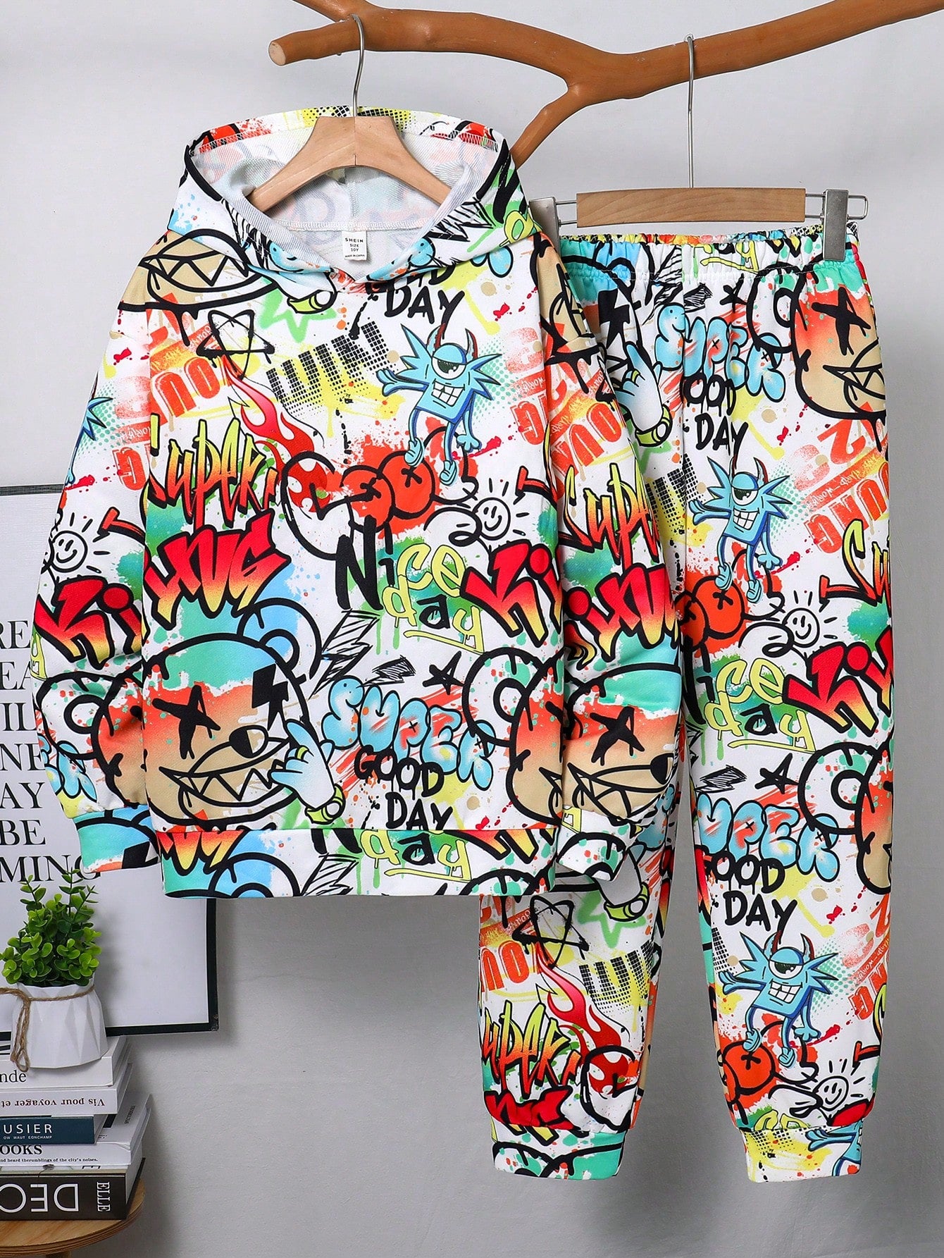 2pcs Tween Boys Casual Street Style Loose Sweatshirt & Drawstring Wide Leg Knit Pants 2 Piece Set