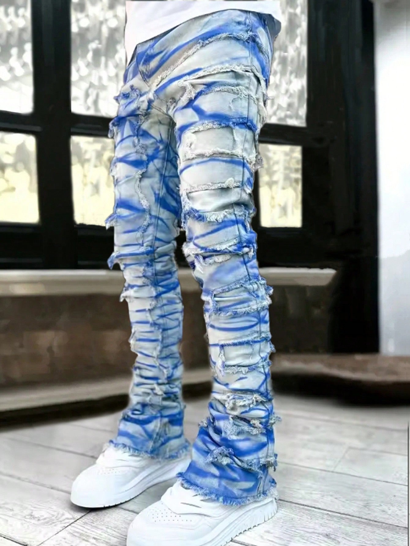 Teen Boy Creative Fringe Graffiti Print Denim Jeans