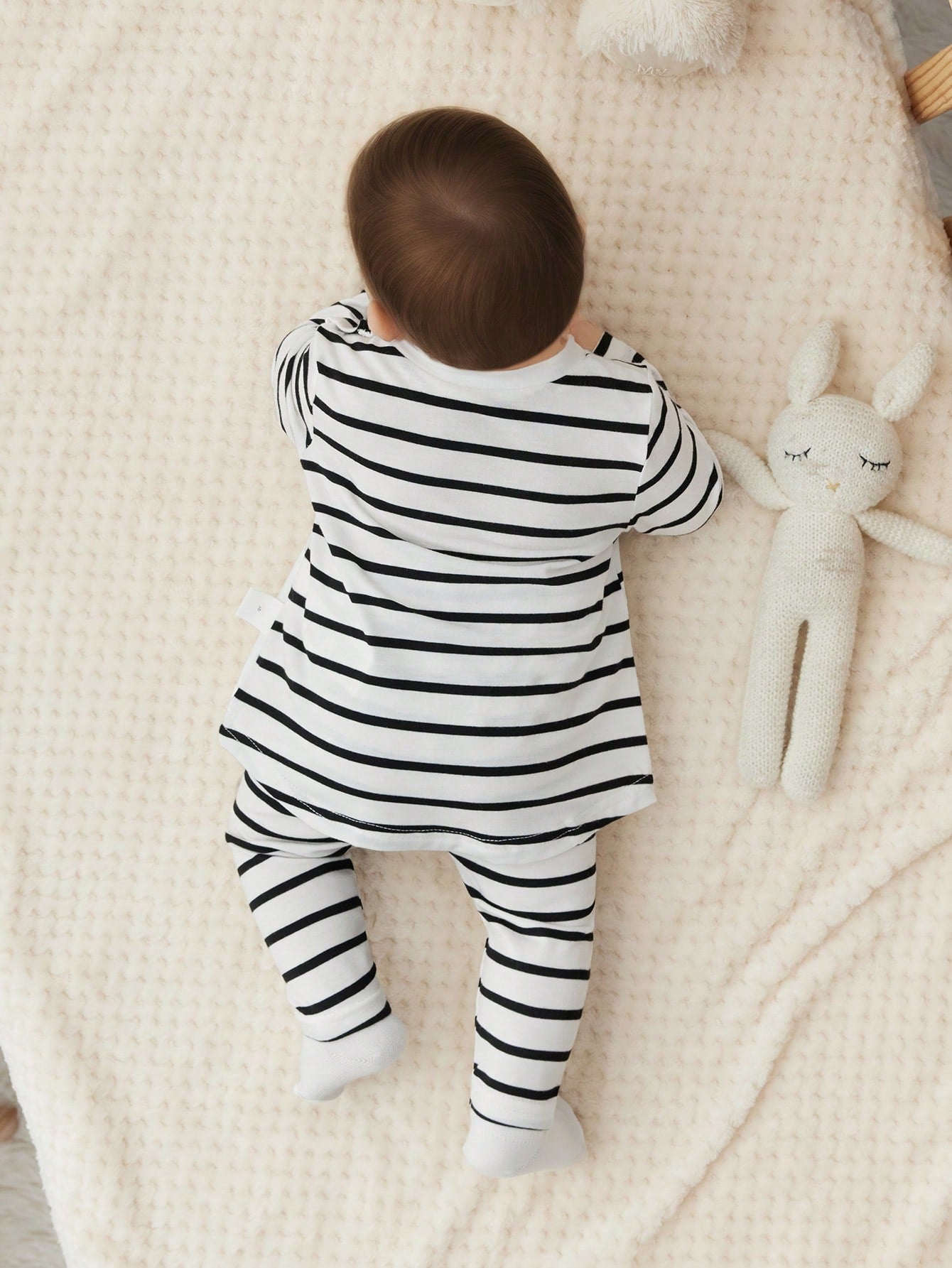 Newborn Baby Girl Cute Knitted Striped Cartoon Print Long Sleeve Top And Elastic Waist Long Pants