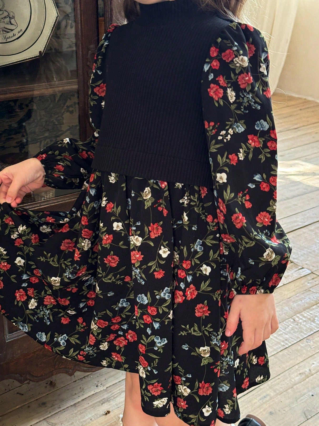 Young Girl Knitted Solid Mock Neck Patchwork Chiffon Floral Puff Sleeve Dress