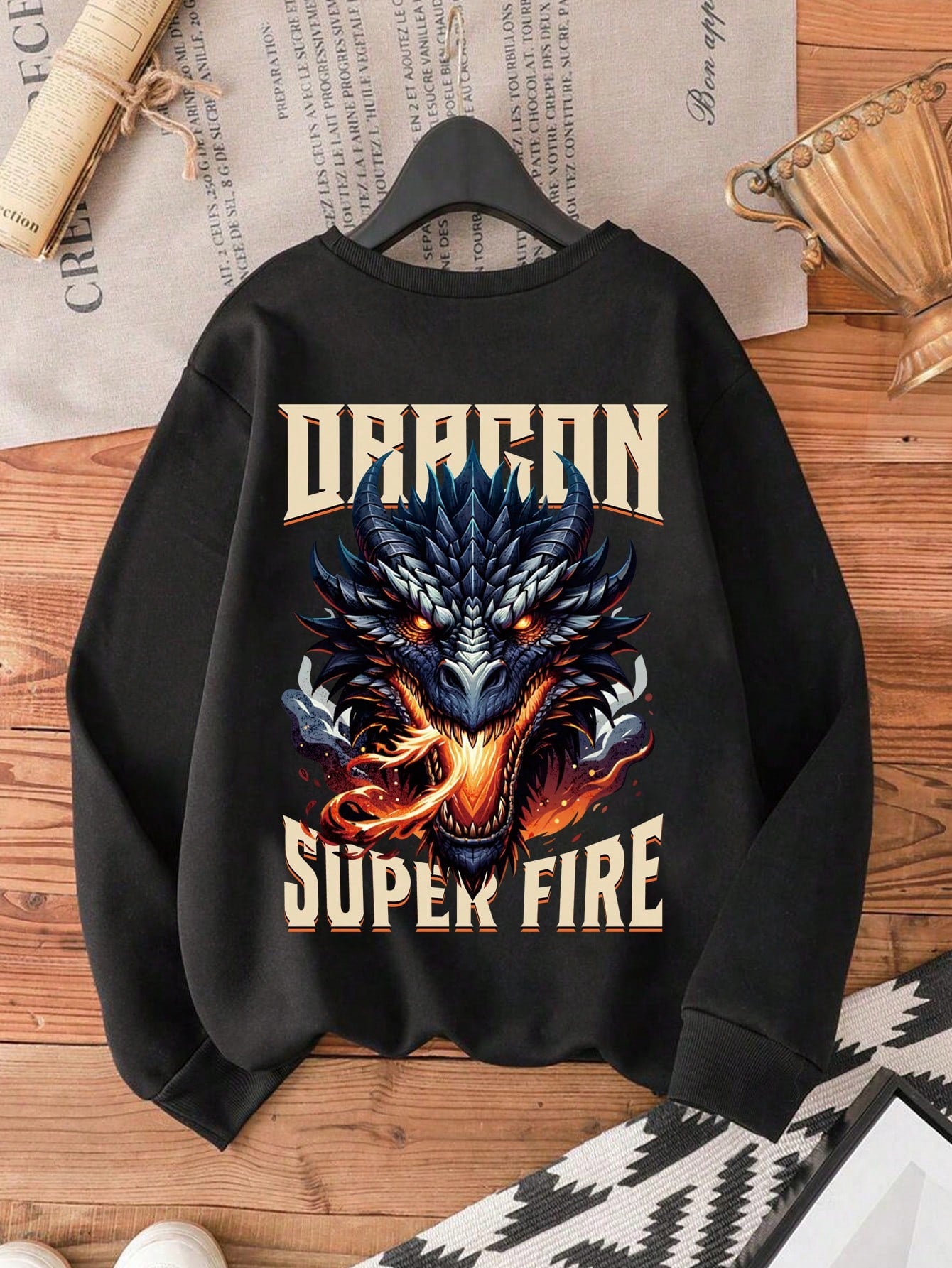 Tween Boy Fashion Casual Dragon Head Graphic Print Round Neck Pullover Sweatshirt