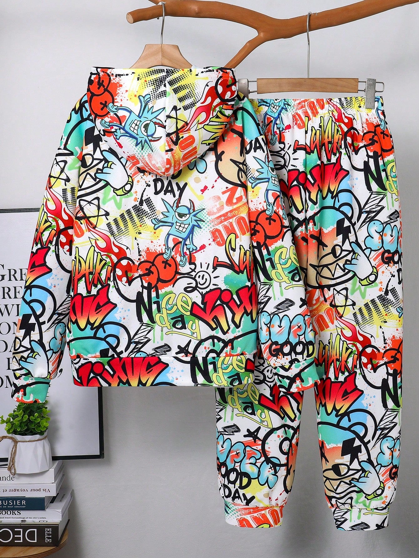2pcs Tween Boys Casual Street Style Loose Sweatshirt & Drawstring Wide Leg Knit Pants 2 Piece Set