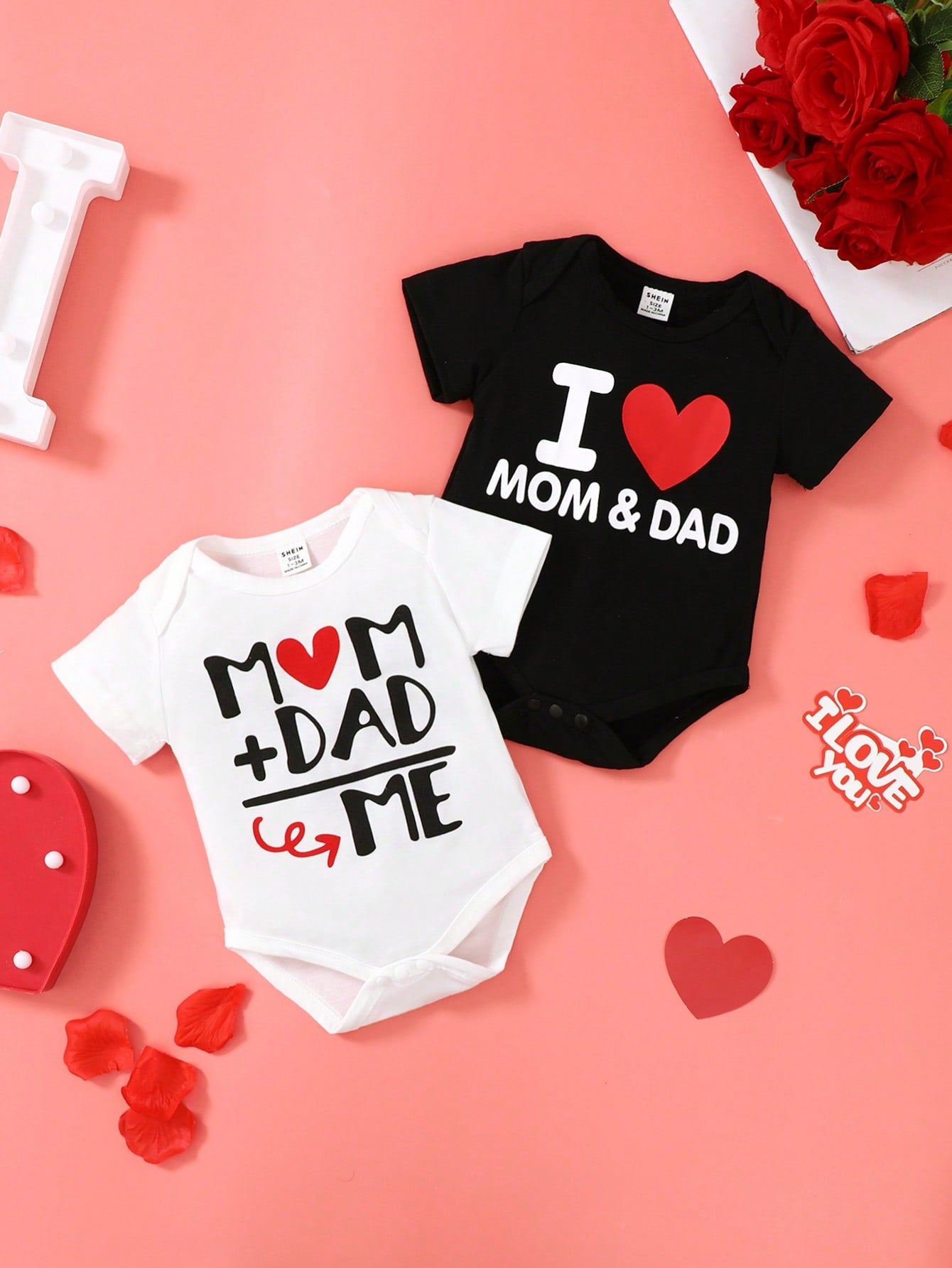 2pcs Baby Boys Heart Print Black & White Bodysuits, Short Sleeve Rompers For Home & Outdoor
