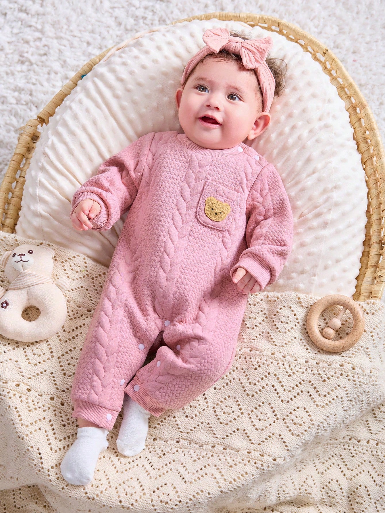 Newborn Baby Girls' Cute Cartoon Bear Print Long Sleeve Romper, Autumn/Winter