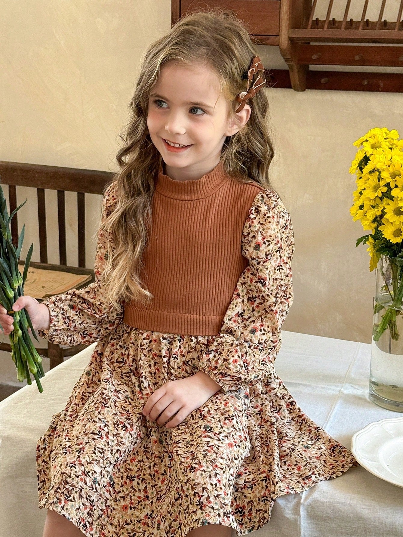 Young Girl Knitted Solid Mock Neck Patchwork Chiffon Floral Puff Sleeve Dress
