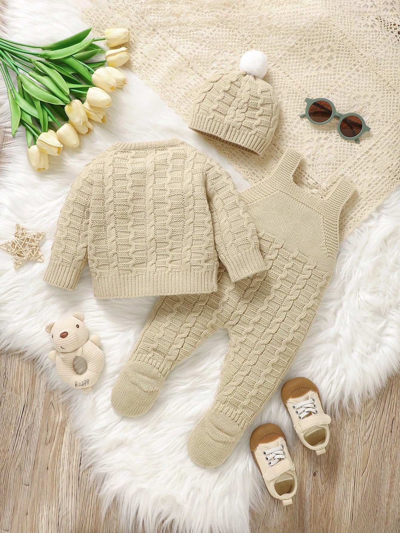 3pcs Newborn Baby Knit Set: Comfortable Minimalist Round Neck Long Sleeve Cardigan Coat