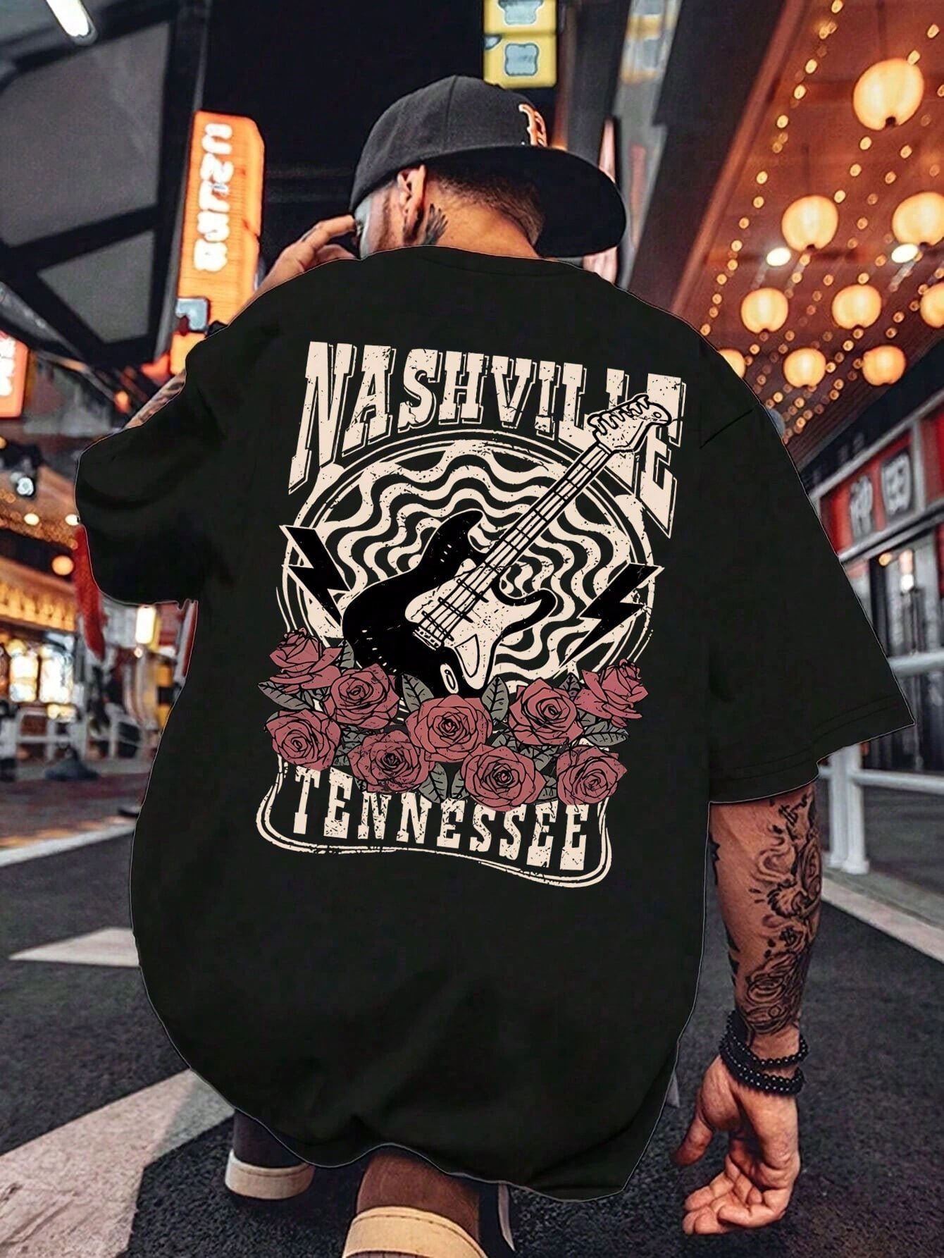 Teen Boy Street Trend Guitar Rose Print Round Neck Short Sleeved T-Shirt Spring And Summer