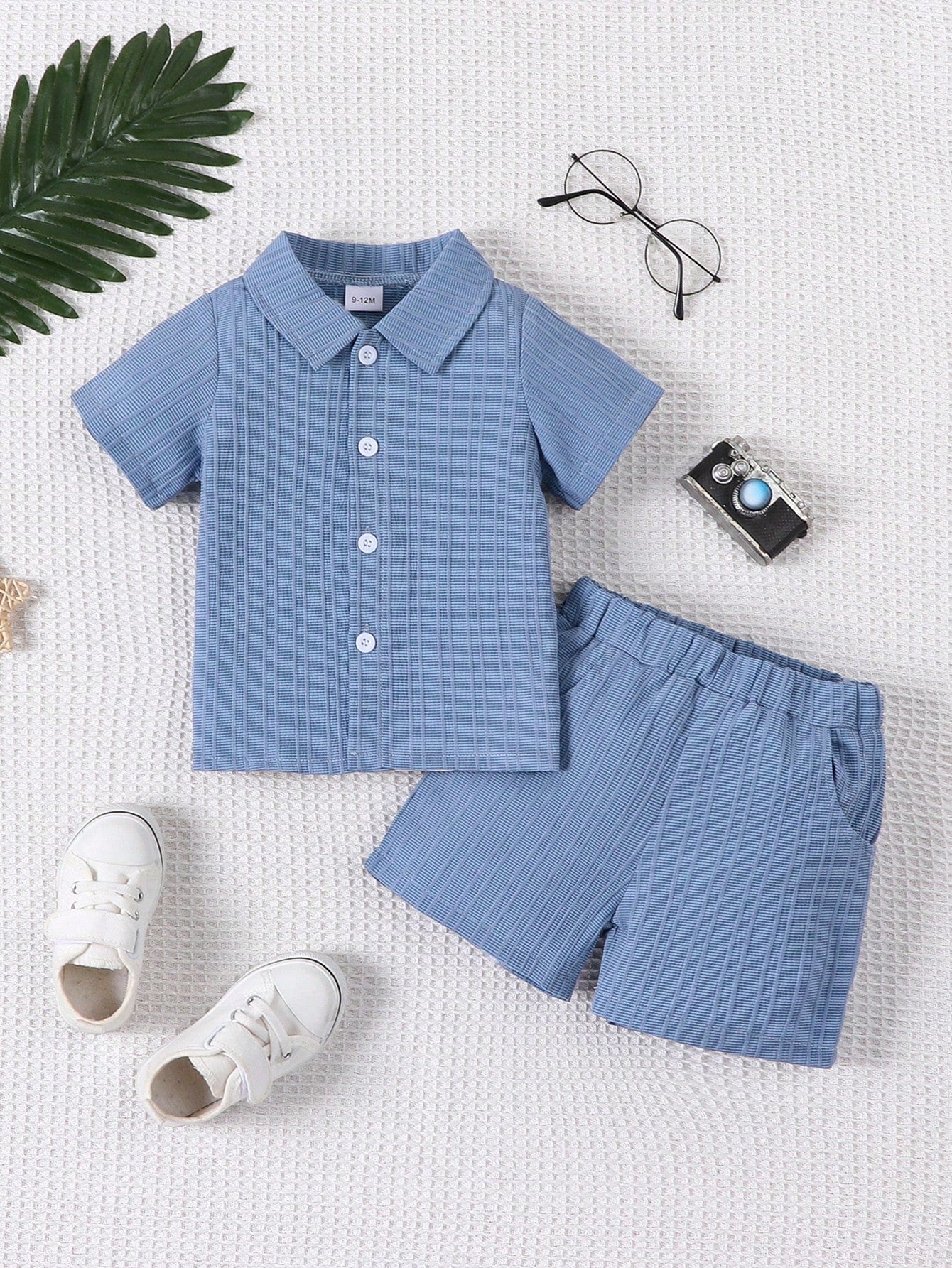 2 Pcs Baby Boy Stylish Casual Jacquard Woven Short Sleeve Shirt And Shorts Set