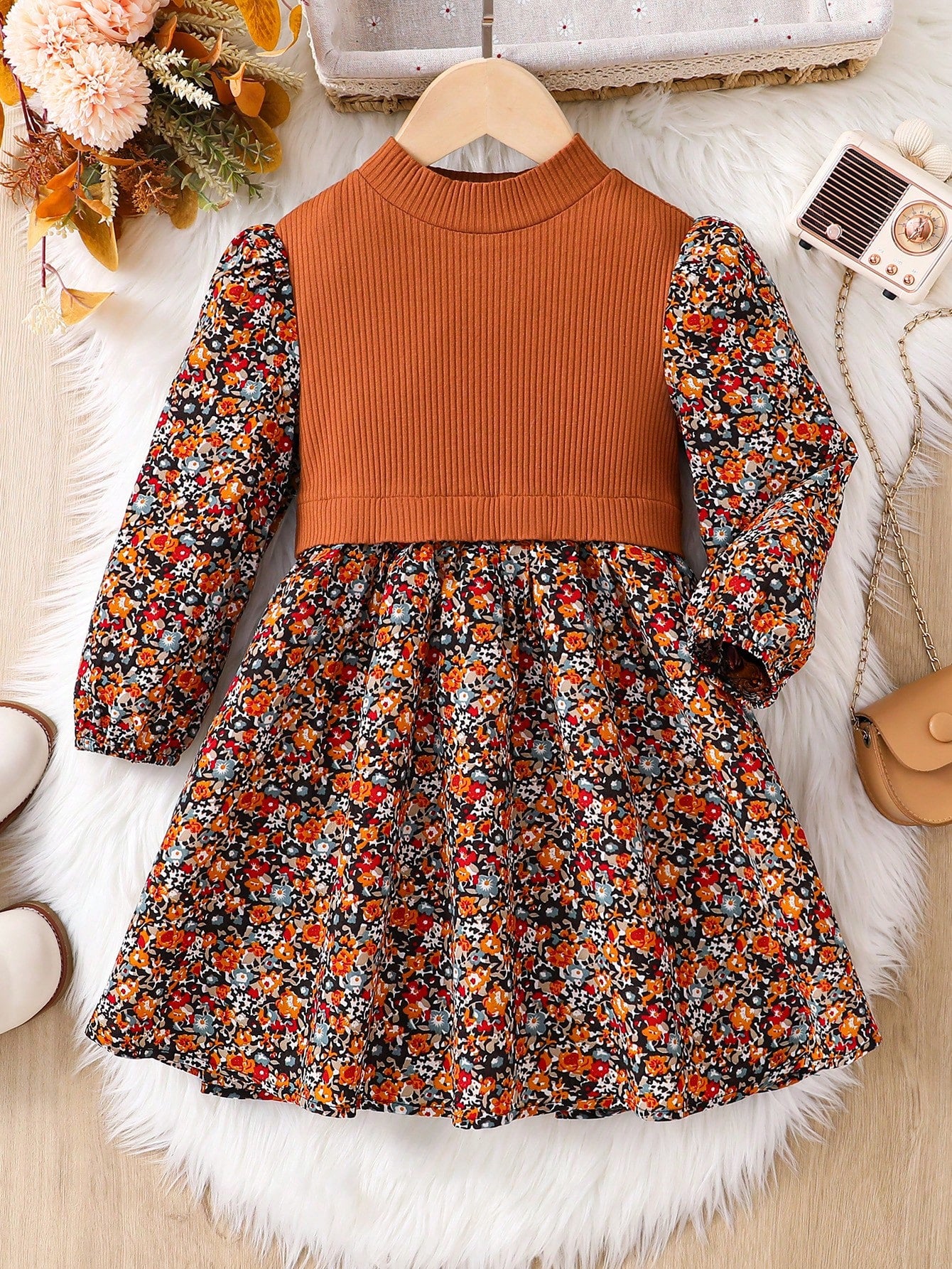 Young Girl Knitted Solid Mock Neck Patchwork Chiffon Floral Puff Sleeve Dress