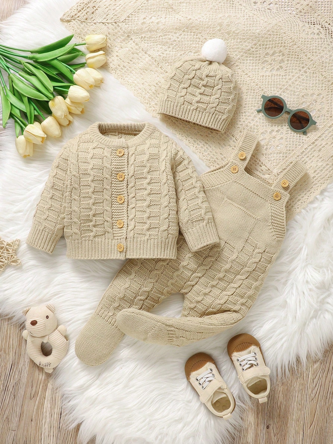 3pcs Newborn Baby Knit Set: Comfortable Minimalist Round Neck Long Sleeve Cardigan Coat