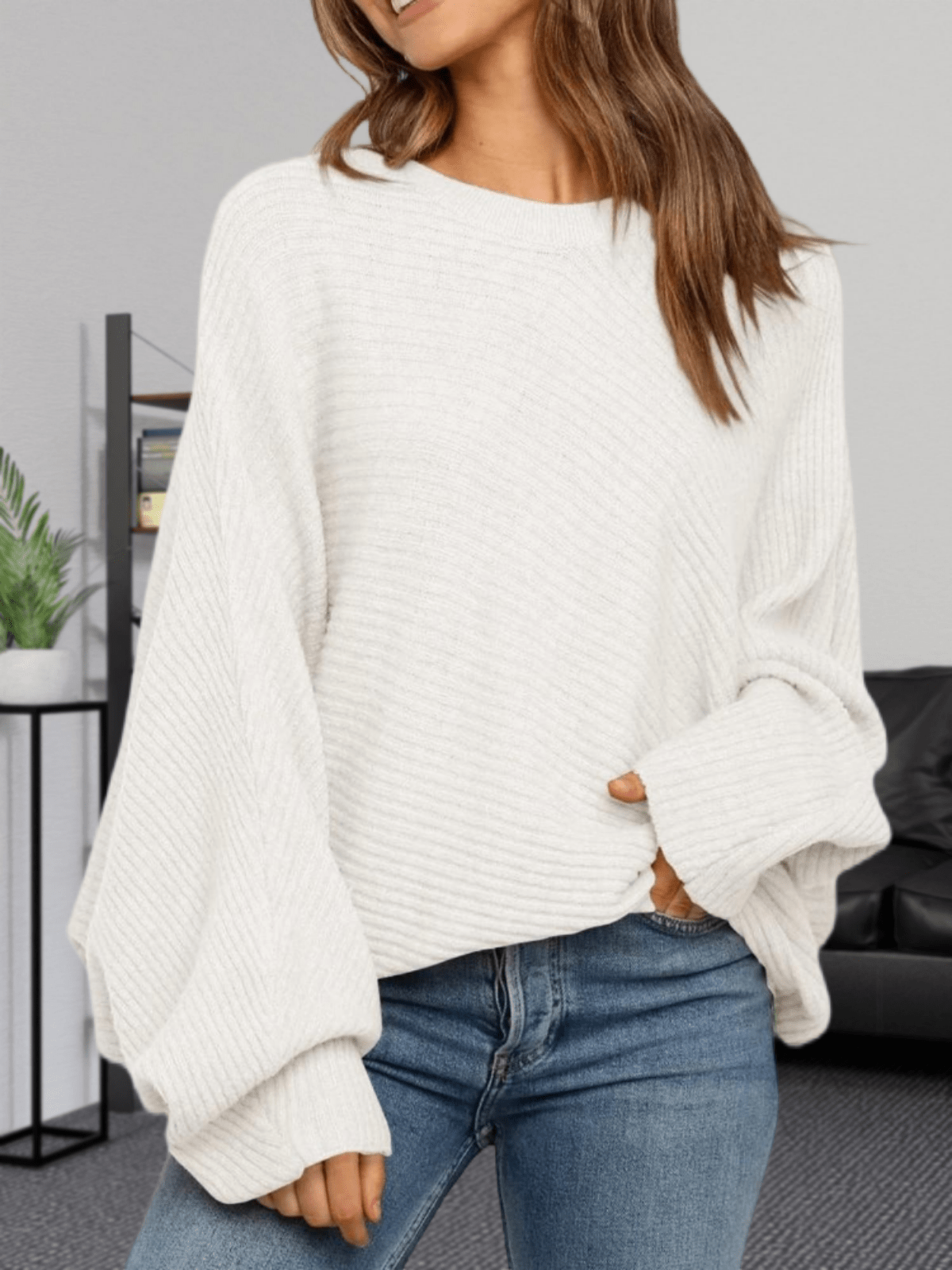 Women's Oversized Crewneck Sweater Batwing Puff Long Sleeve Cable Slouchy Pullover Jumper Tops