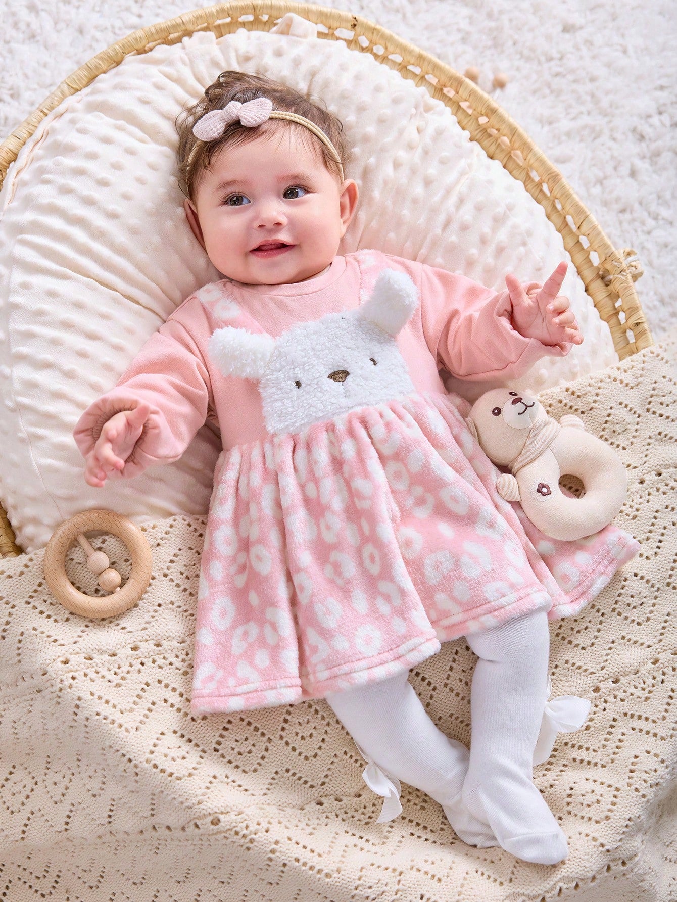 Newborn Baby Girl Adorable Cartoon & Leopard Print Long Sleeve Dress, Autumn/Winter