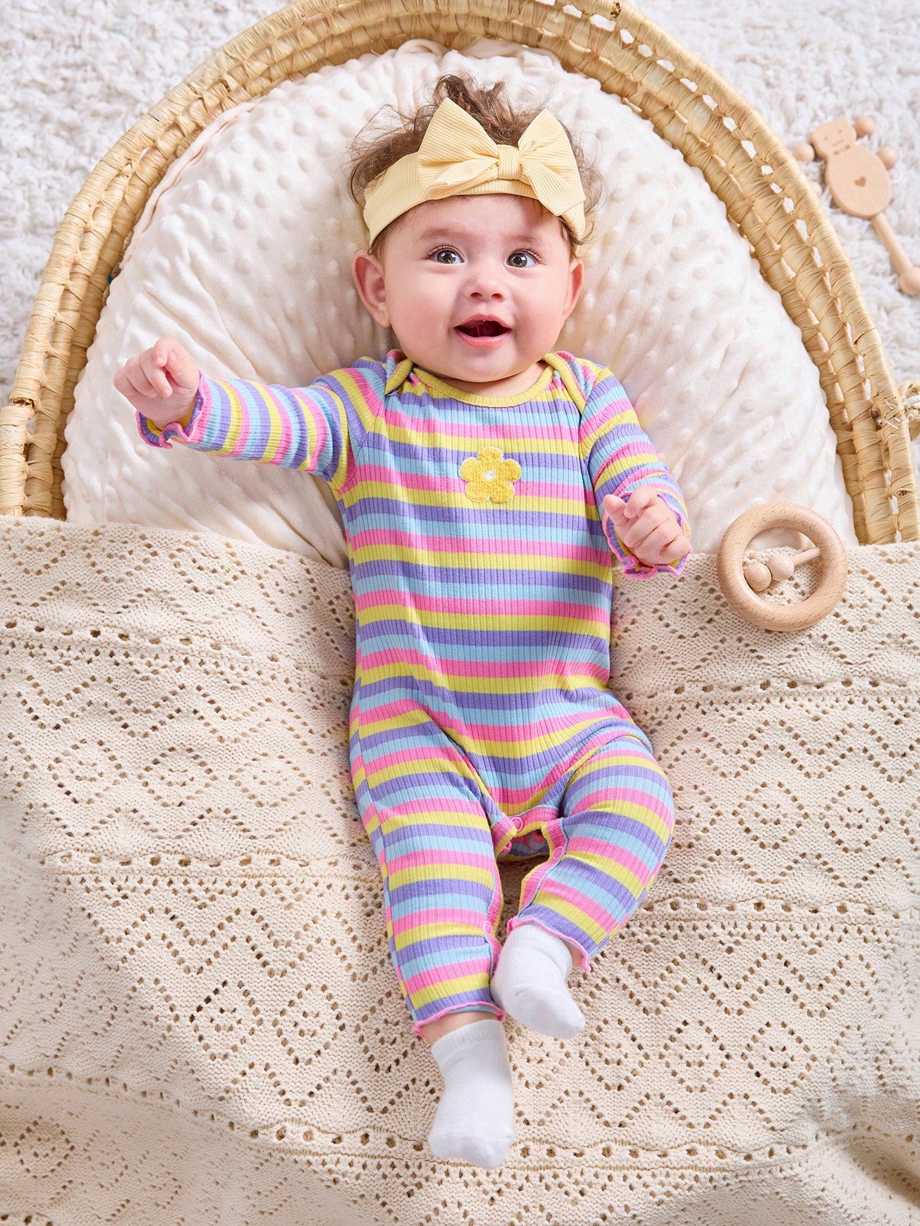 Newborn Baby Girl Colorful Striped Long Sleeve Romper & Headband Set, Autumn/Winter