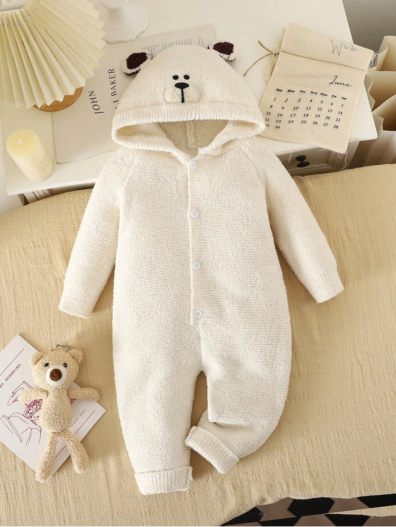 1pc Baby (Boy) Knitted Jumpsuit With Cute Bear Design, Soft & Warm Fabric, Suitable For Casual Wear, Autumn/Winter
