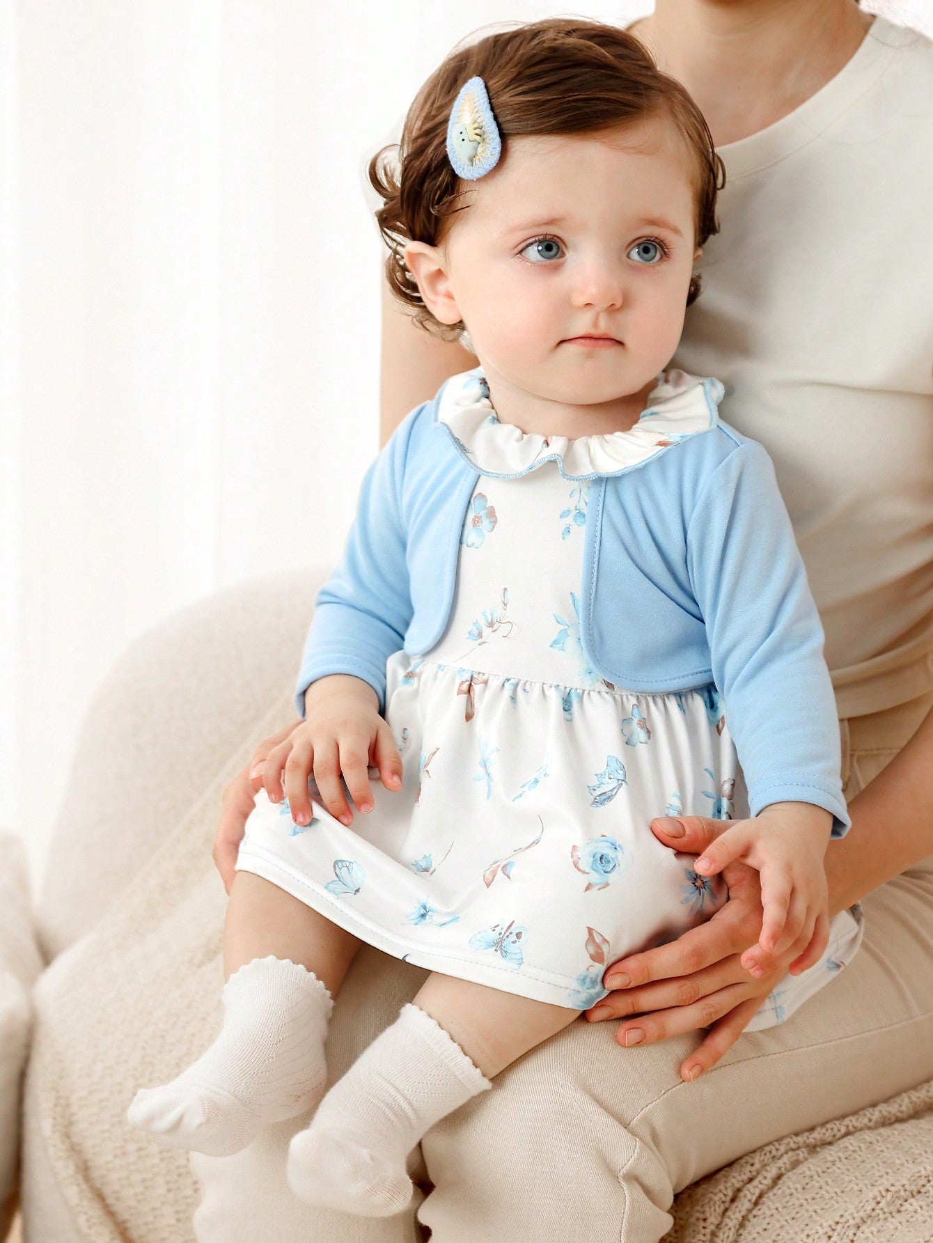 Newborn Baby Girls Ruffled Collar Floral Knitted Fabric 2 In 1 Contrast Color Cardigan Dress