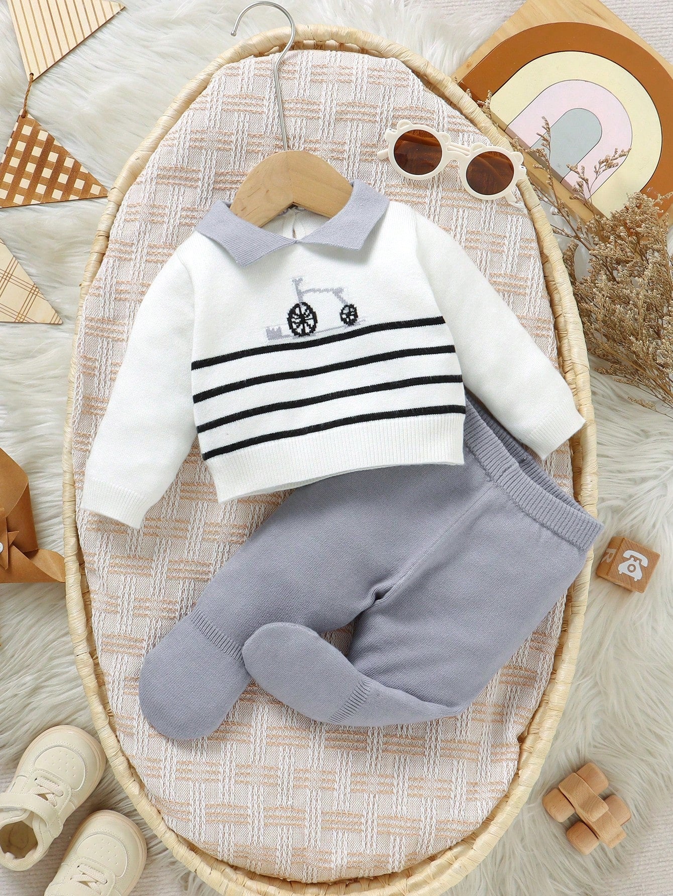 Newborn Baby Striped Sweater Co-Ord Set, 0-9 Months, Casual Fashion Style, Black White Grey