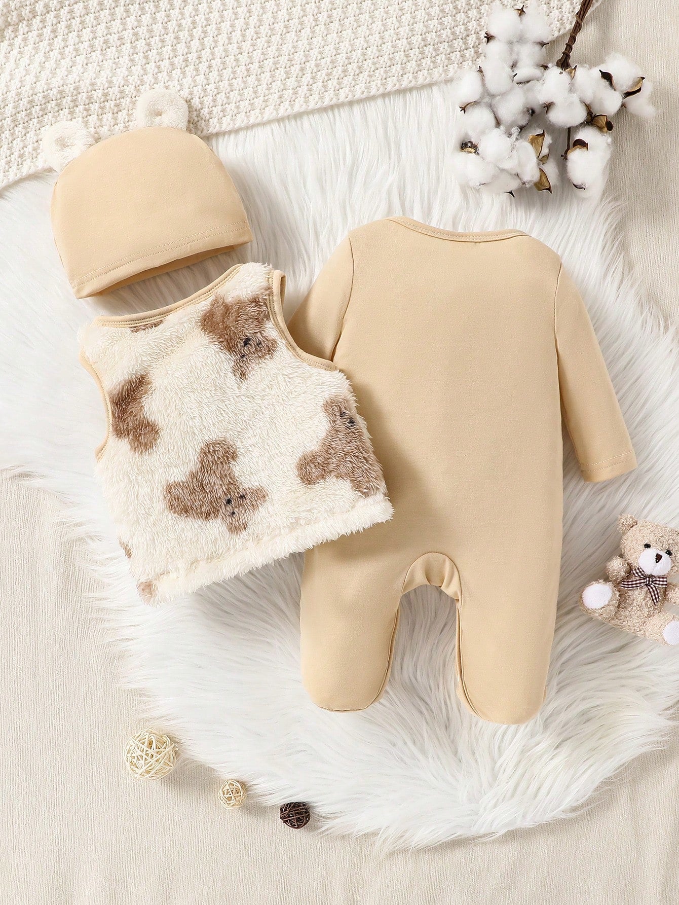 5pcs/Set Baby Boy Casual Bear Embroidery Jumpsuit With Vest Top, Hat And Gloves Outfit Home Wear Set