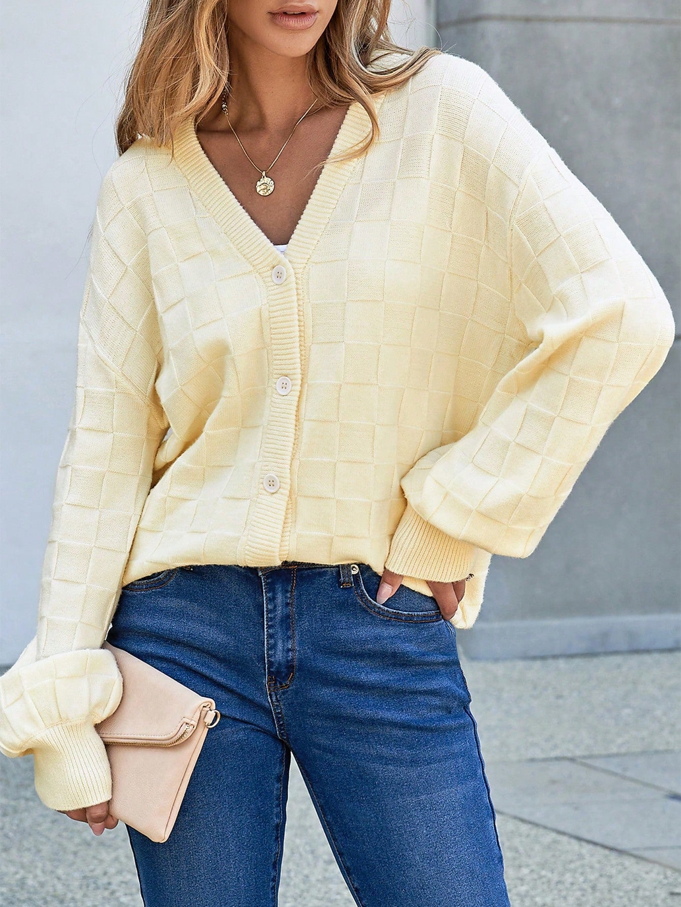 Womens Cropped Chunky Cardigans Sweaters Trendy Lightweight Long Sleeve Checkered Knit Open Front Button Tops Outfits