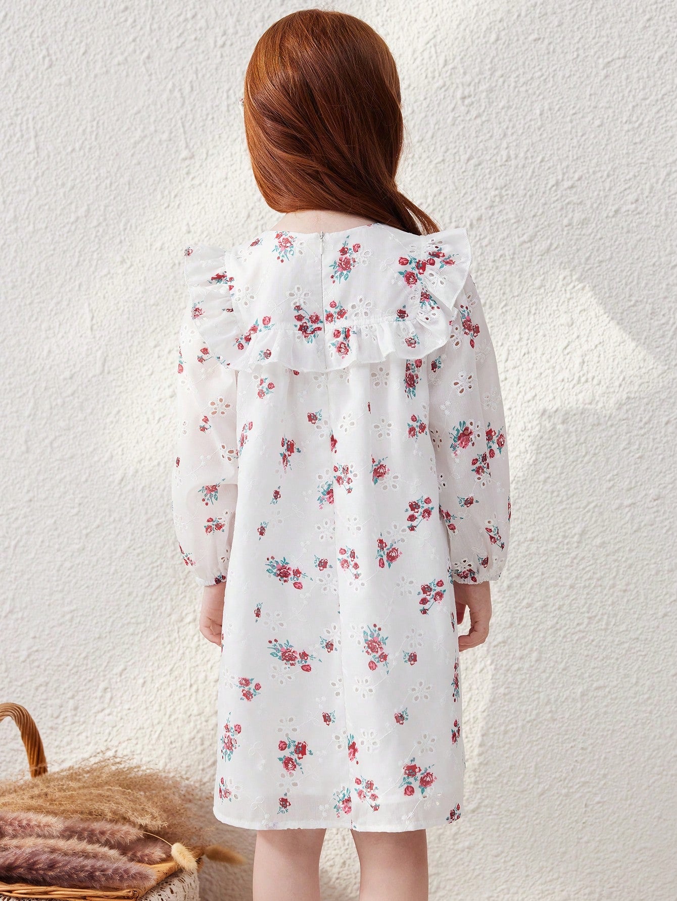 Young Girls French Elegant White Background Red Floral Print Loose Woven Dress, Autumn/Winter