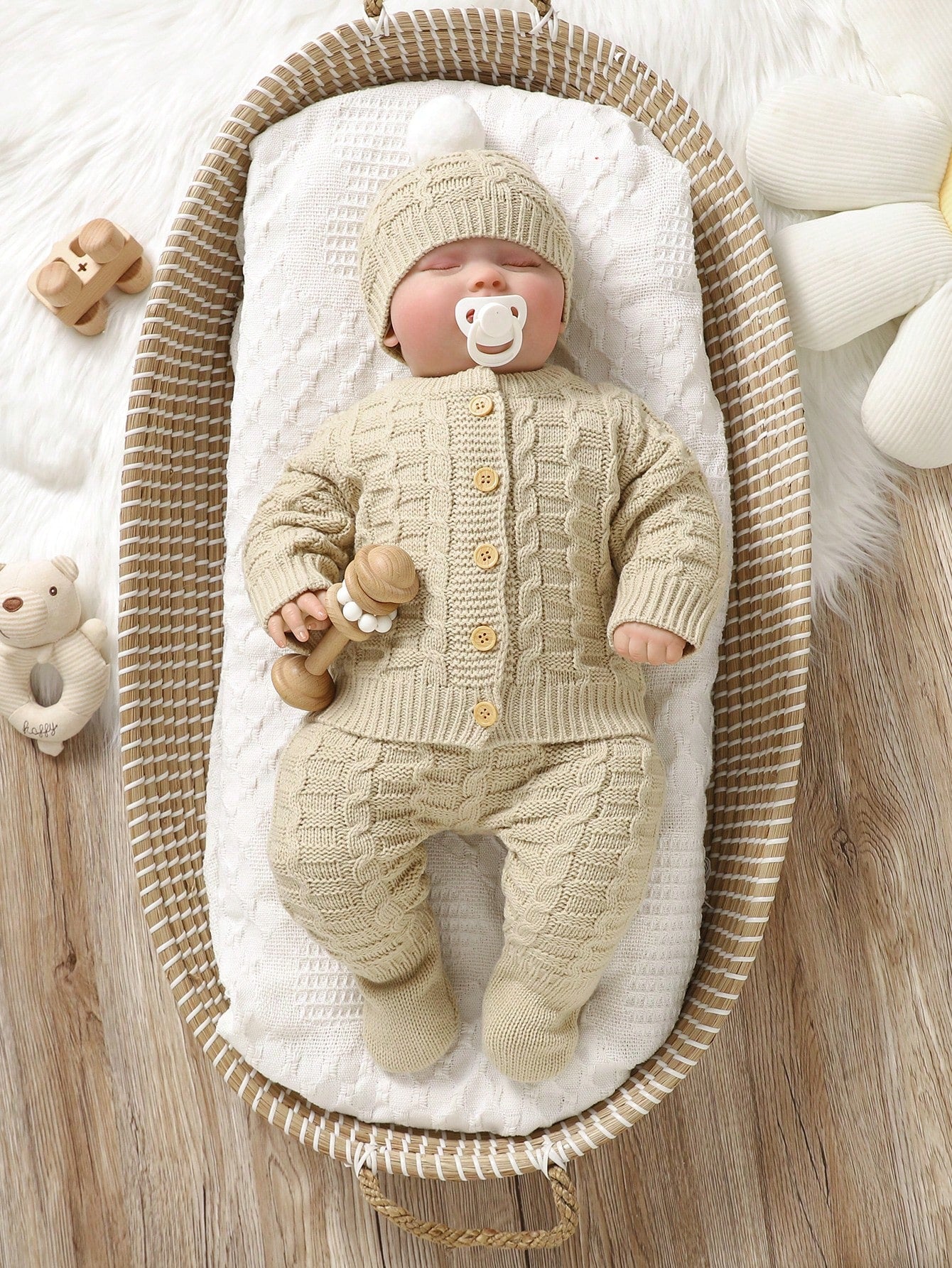 3pcs Newborn Baby Knit Set: Comfortable Minimalist Round Neck Long Sleeve Cardigan Coat