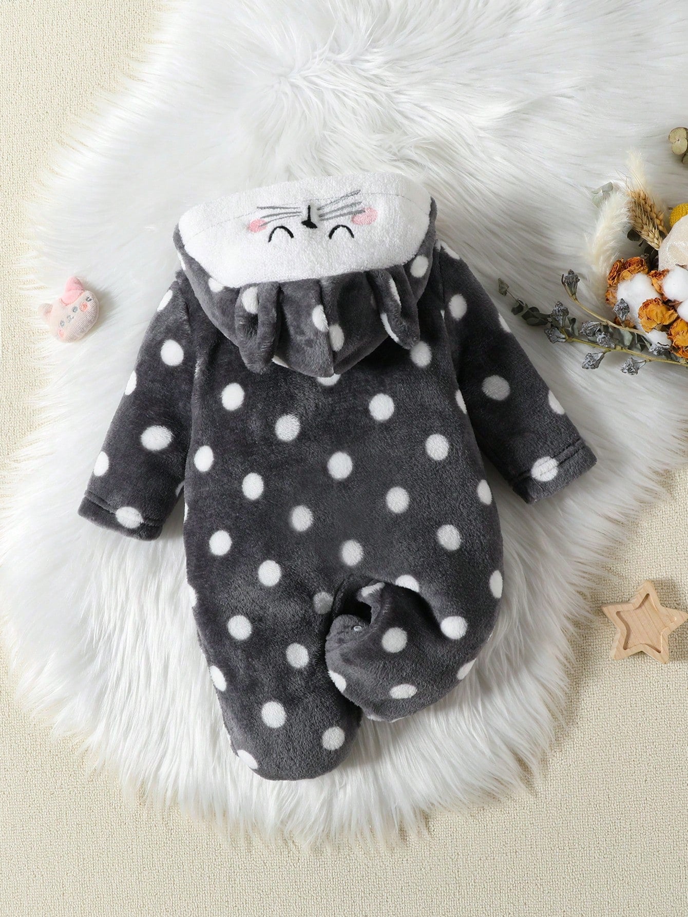 Newborn Baby Long Sleeve Polka Dot Animal Face Embroidery 3D Ear One-Piece Jumpsuit