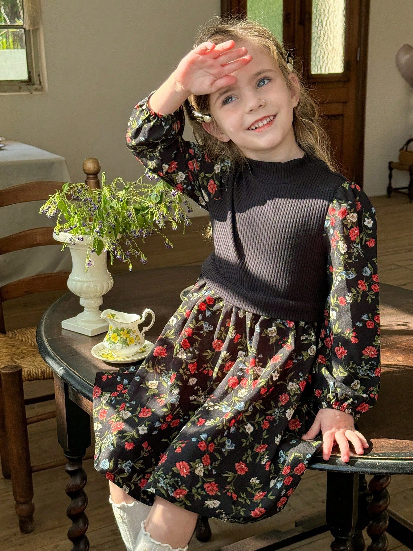 Young Girl Knitted Solid Mock Neck Patchwork Chiffon Floral Puff Sleeve Dress
