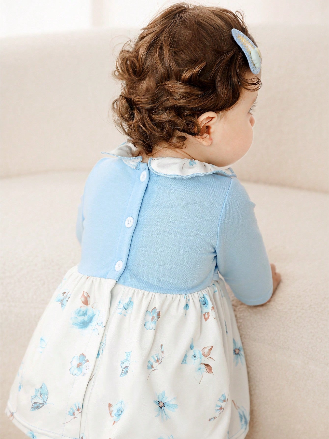 Newborn Baby Girls Ruffled Collar Floral Knitted Fabric 2 In 1 Contrast Color Cardigan Dress