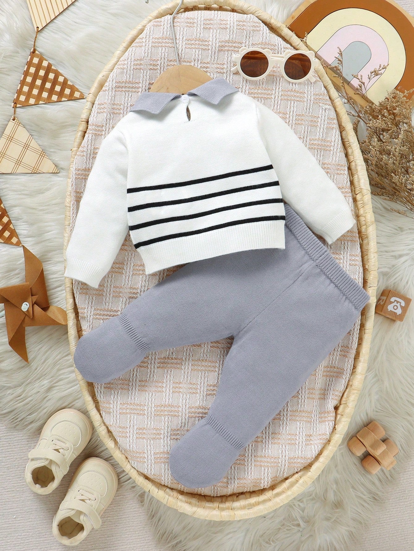 Newborn Baby Striped Sweater Co-Ord Set, 0-9 Months, Casual Fashion Style, Black White Grey