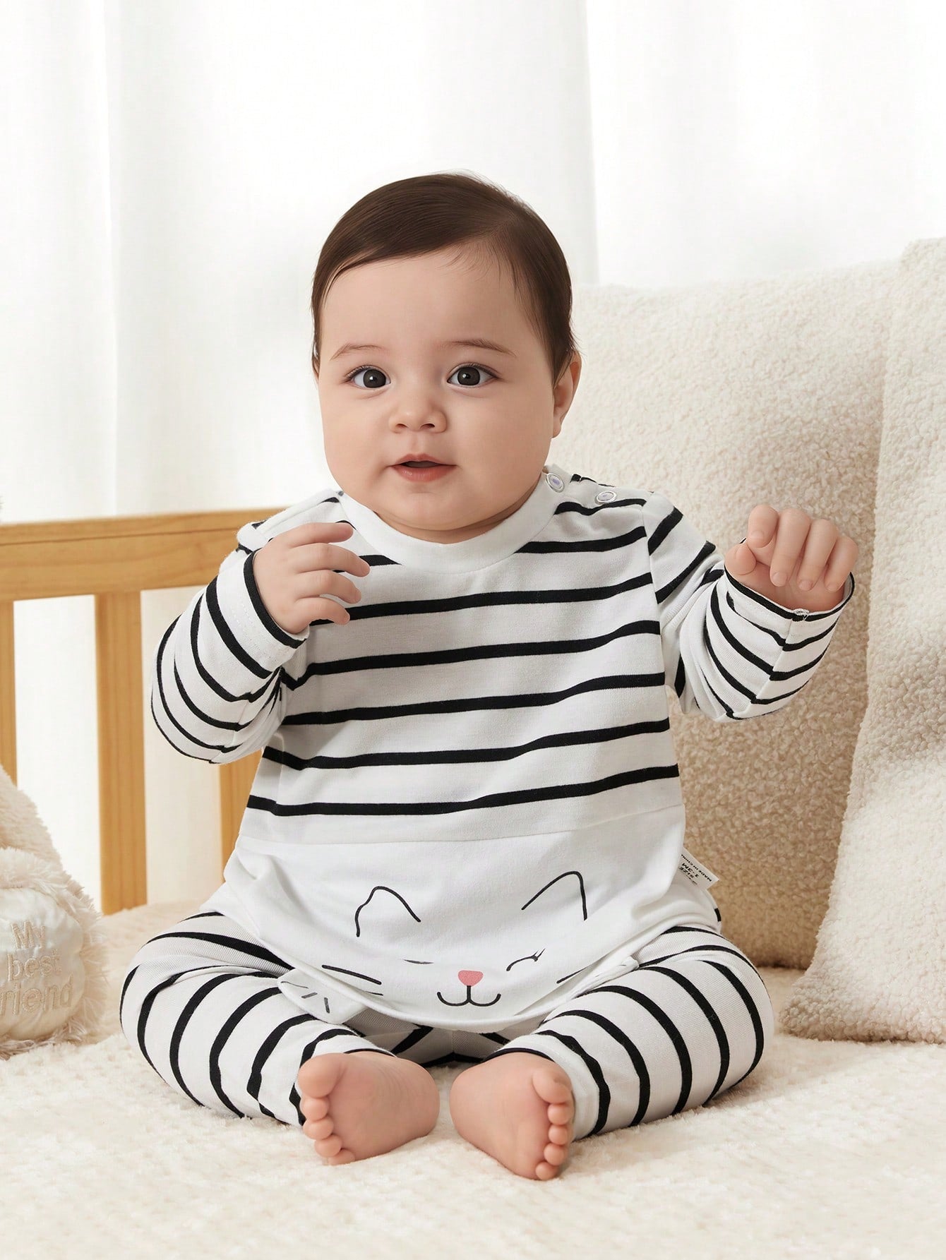 Newborn Baby Girl Cute Knitted Striped Cartoon Print Long Sleeve Top And Elastic Waist Long Pants