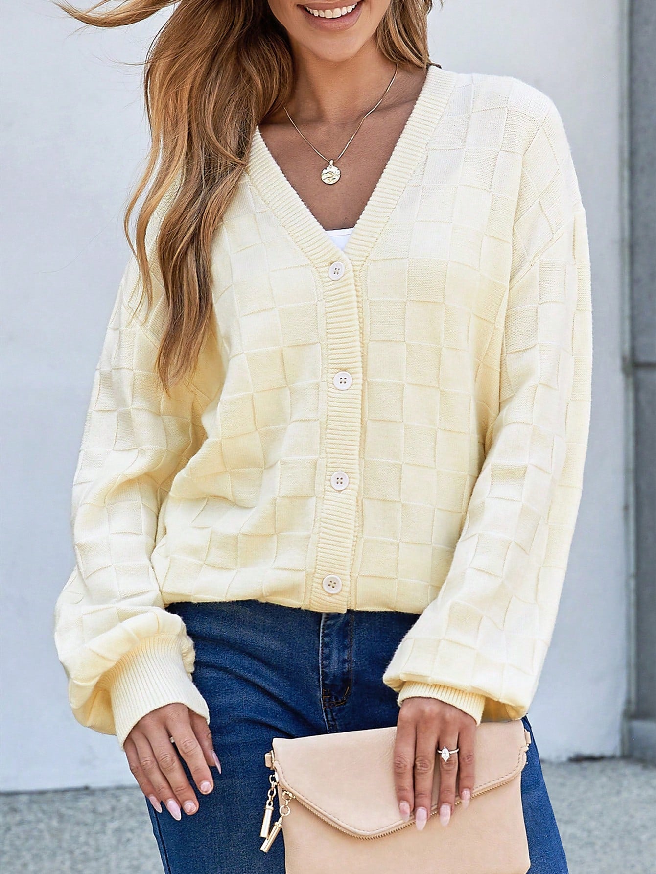 Womens Cropped Chunky Cardigans Sweaters Trendy Lightweight Long Sleeve Checkered Knit Open Front Button Tops Outfits