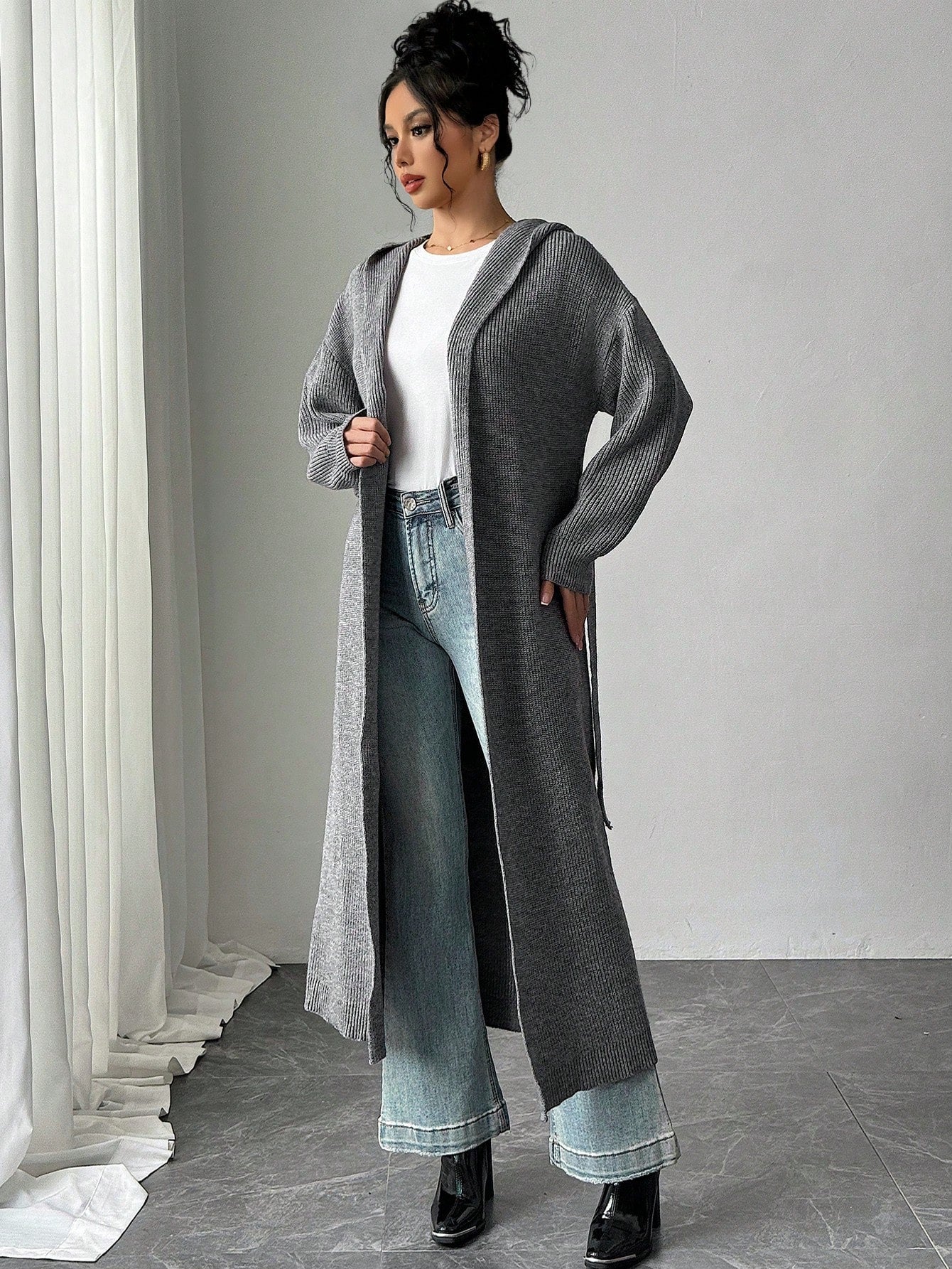 Women Hooded Long Cardigan Sweater, Grey