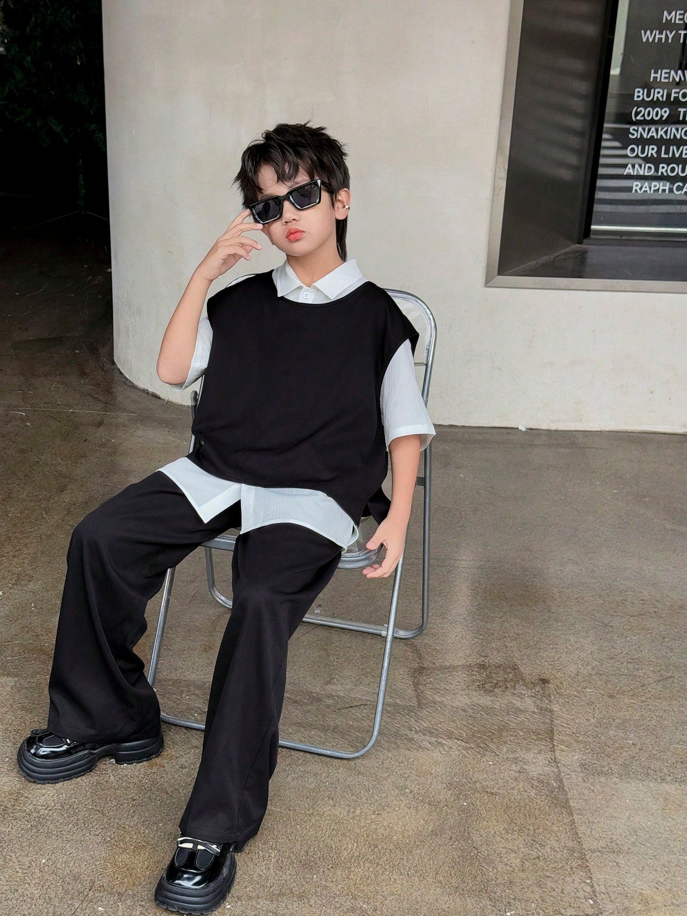 Buy 1 Get 2 Free 3pcs Set: Tween Boy Korean Style Casual Vest, Shirt, Wide Leg Pants Set