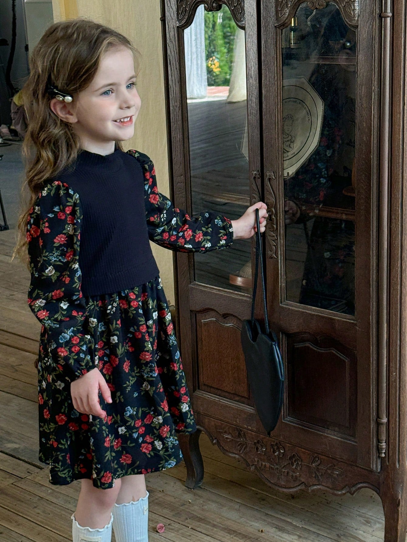 Young Girl Knitted Solid Mock Neck Patchwork Chiffon Floral Puff Sleeve Dress