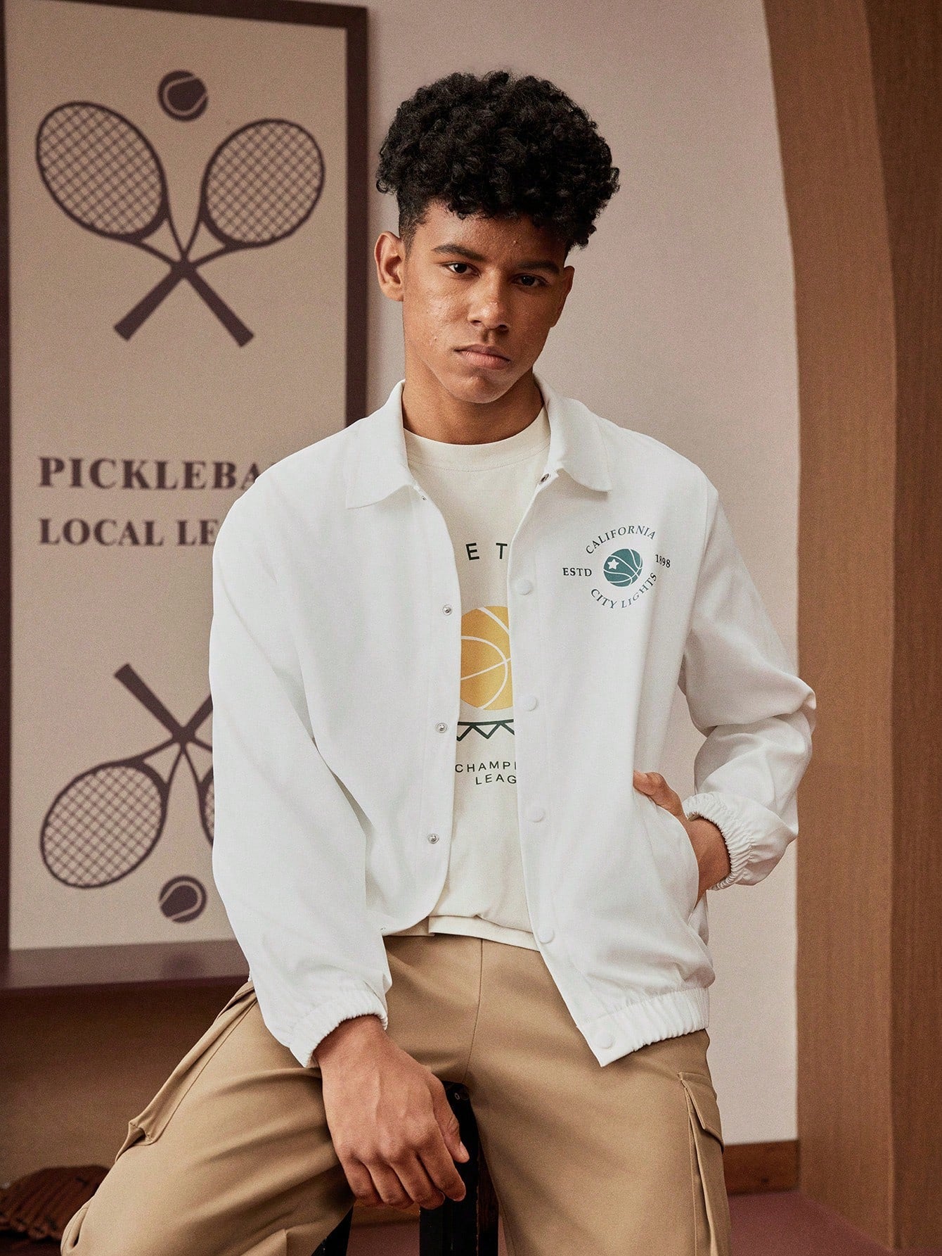 Teenage Boys' Casual Basketball Letter Print Minimalist Jacket, Versatile For School, Study, Play
