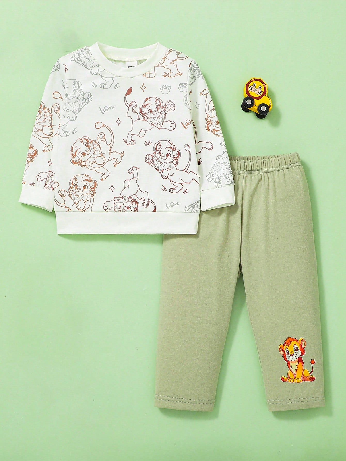2pcs Baby Boys Casual Daily Cute Cartoon Lion Print Round Neck Long Sleeve Top And Pants Sets